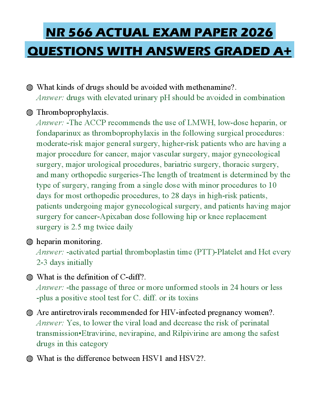 Recommended document preview for NR 566 ACTUAL EXAM PAPER 2026 QUESTIONS WITH ANSWERS GRADED A+