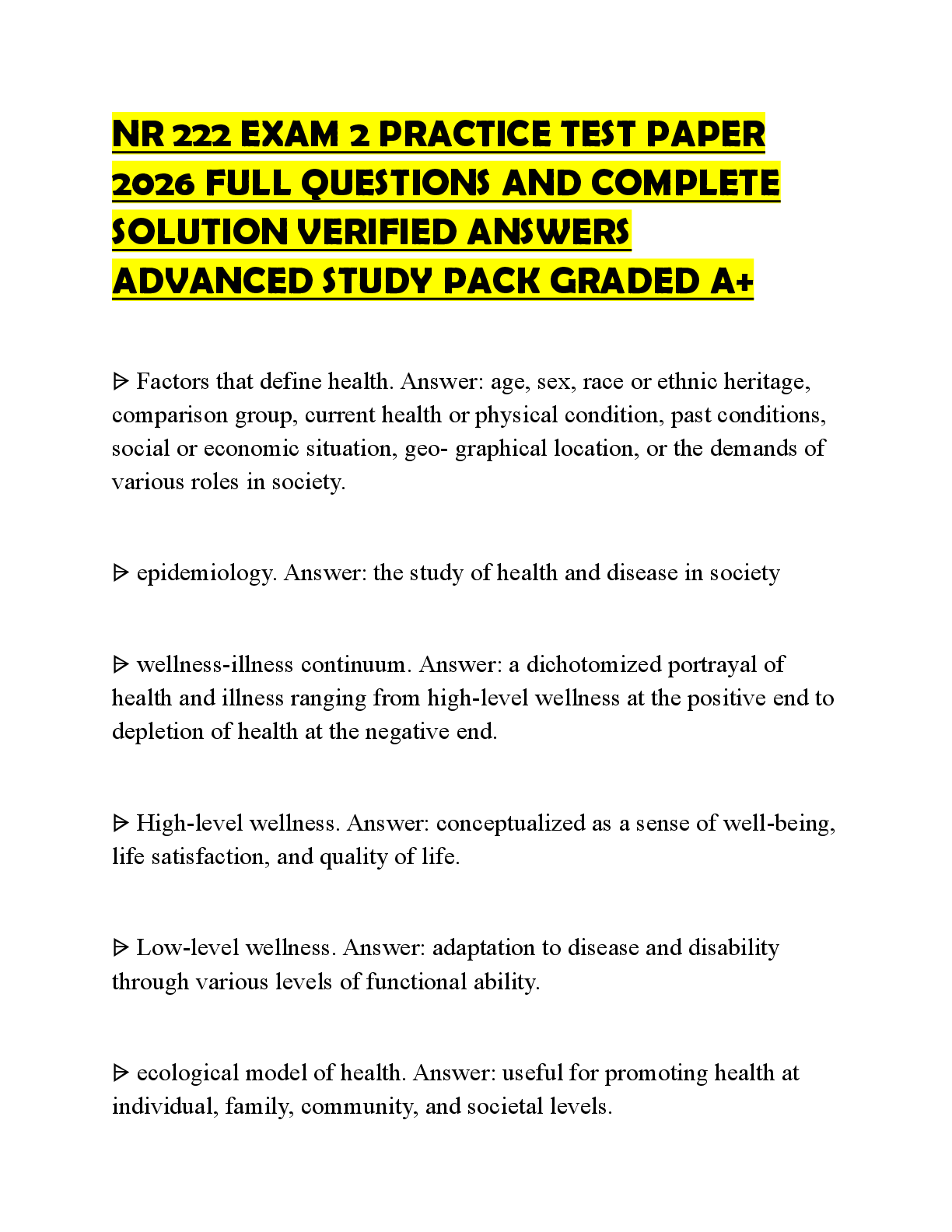 Preview of NR 222 EXAM 2 PRACTICE TEST PAPER 2026 FULL QUESTIONS AND COMPLETE SOLUTION VERIFIED ANSWE