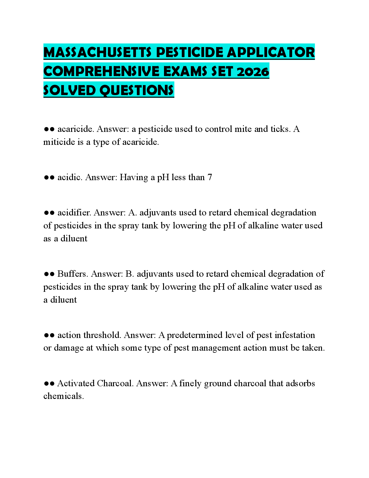 Recommended document preview for MASSACHUSETTS PESTICIDE APPLICATOR COMPREHENSIVE EXAMS SET 2026 SOLVED QUESTIONS