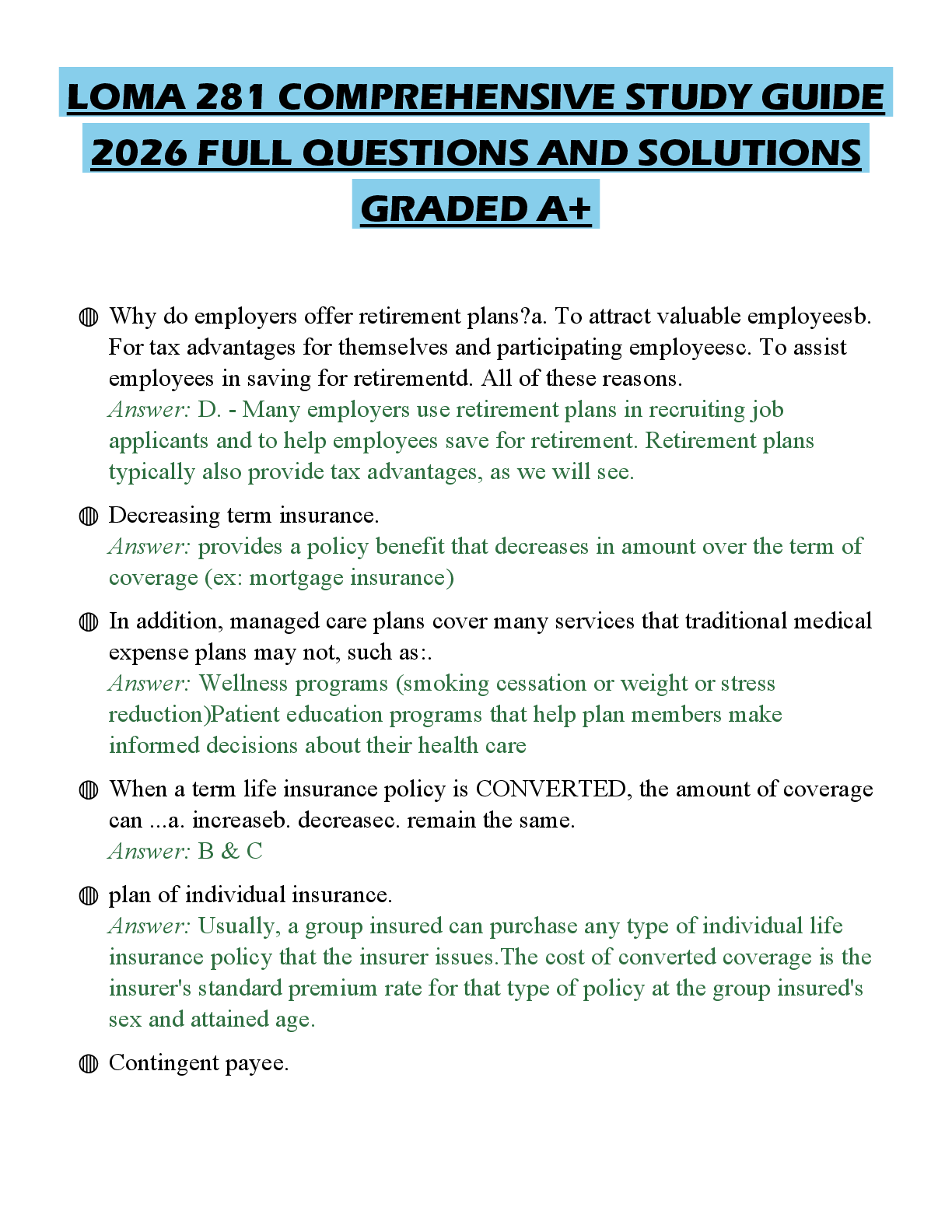Recommended document preview for LOMA 281 COMPREHENSIVE STUDY GUIDE 2026 FULL QUESTIONS AND SOLUTIONS GRADED A+