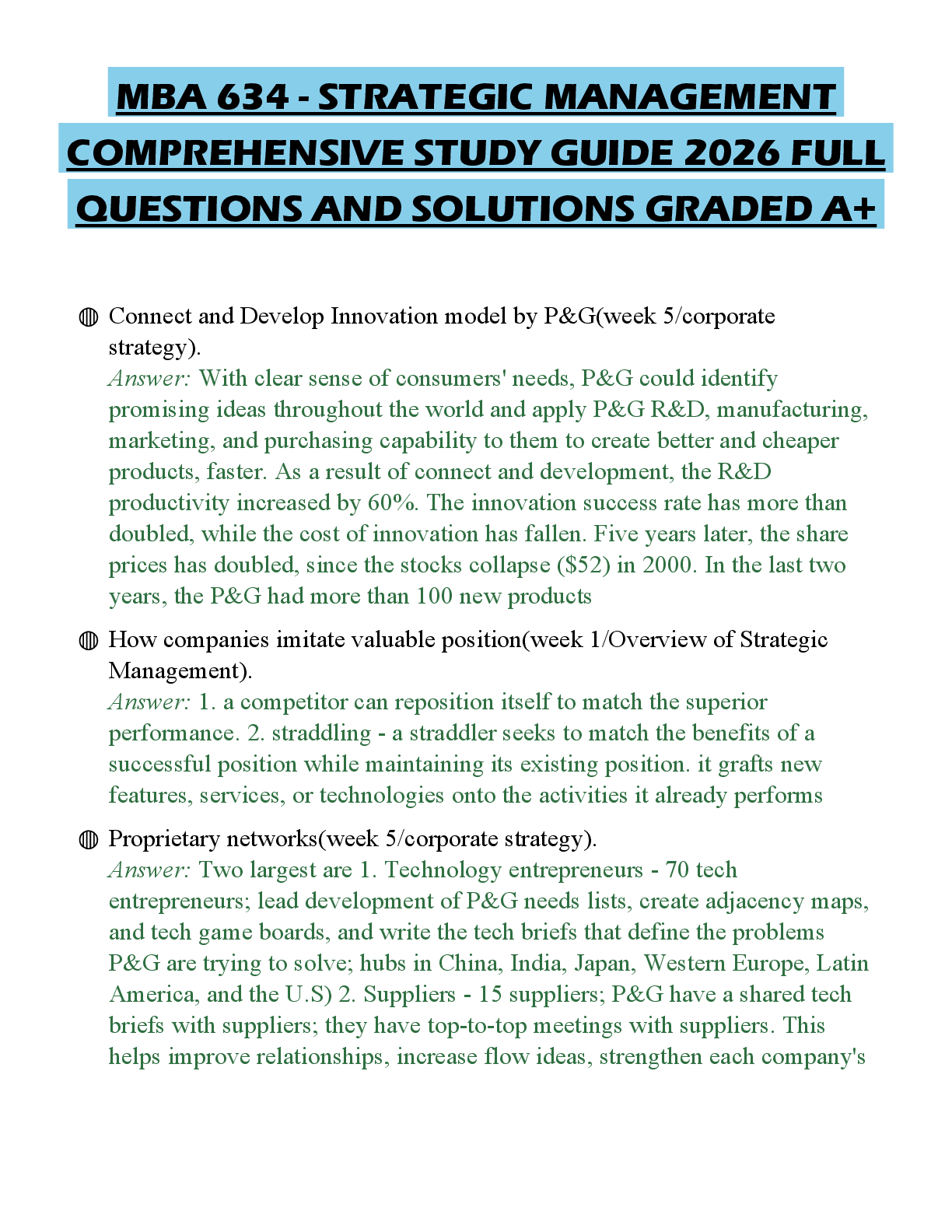 Recommended document preview for MBA 634 - STRATEGIC MANAGEMENT COMPREHENSIVE STUDY GUIDE 2026 FULL QUESTIONS AND SOLUTIONS GRADED A+