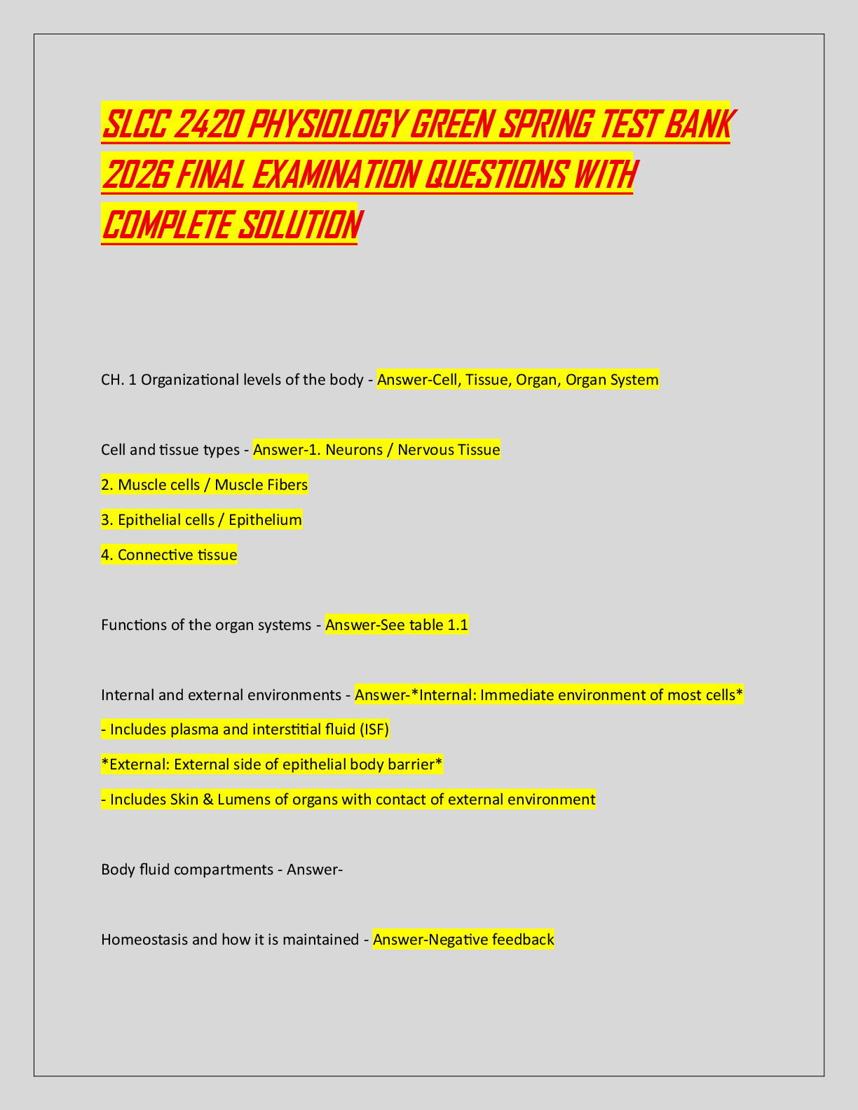 Recommended document preview for SLCC 2420 PHYSIOLOGY GREEN SPRING TEST BANK  2026 FINAL EXAMINATION QUESTIONS WITH  COMPLETE SOLUTION