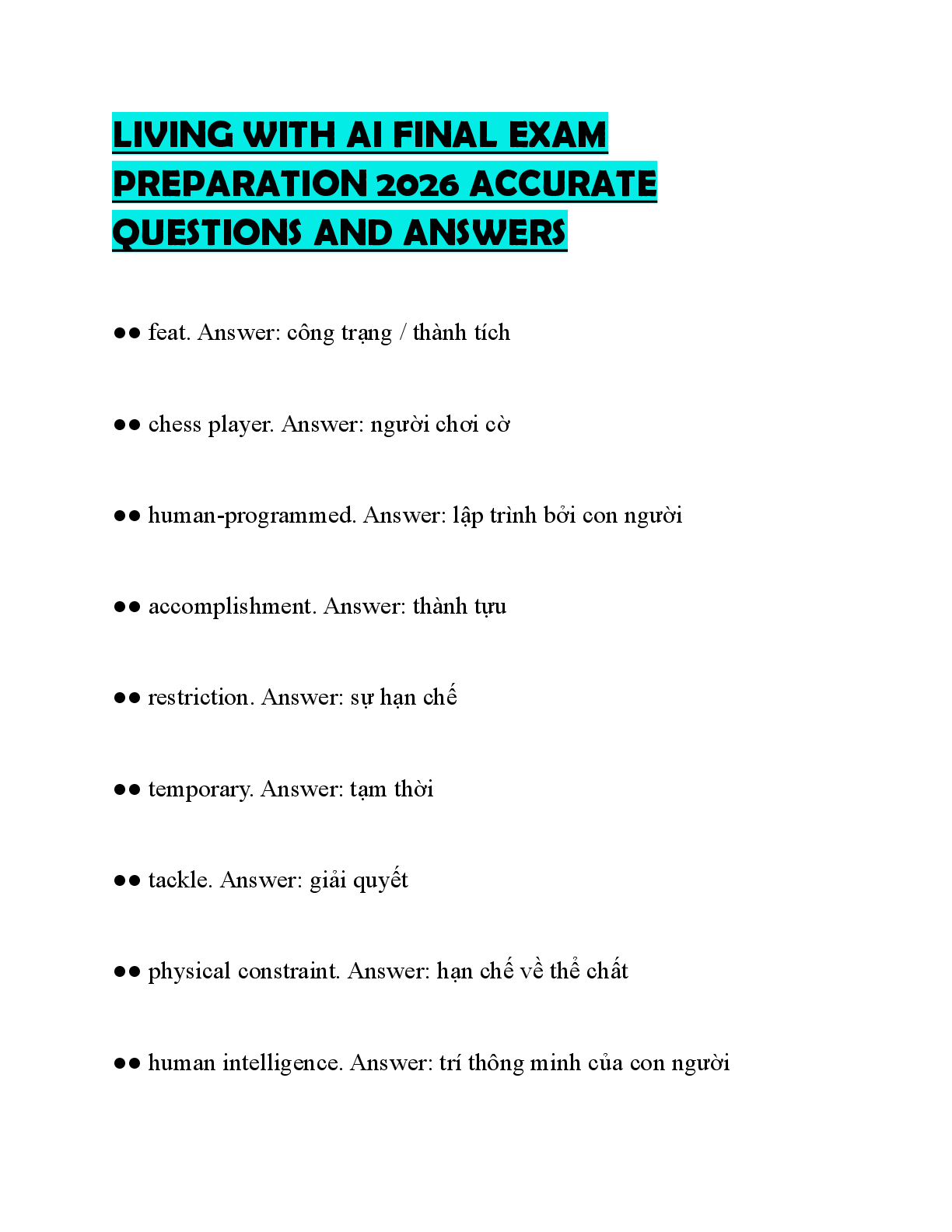 Recommended document preview for LIVING WITH AI FINAL EXAM PREPARATION 2026 ACCURATE QUESTIONS AND ANSWERS
