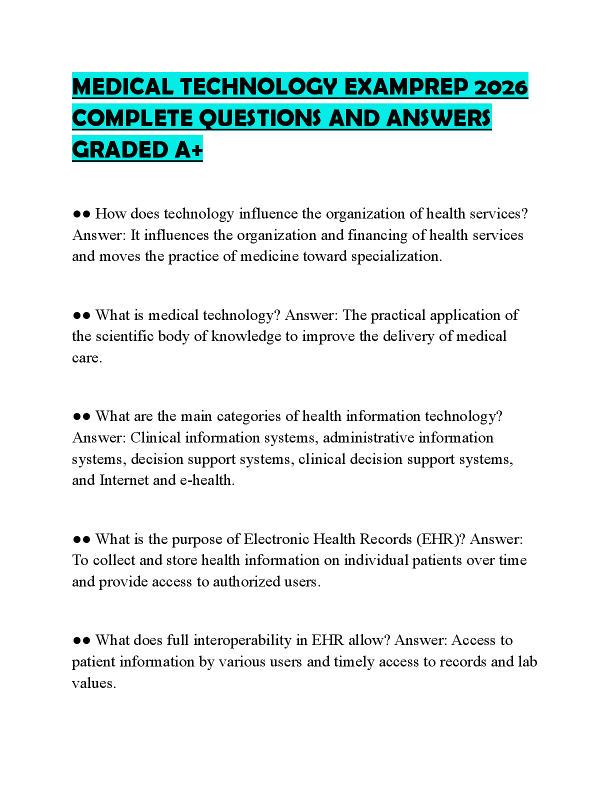 Recommended document preview for MEDICAL TECHNOLOGY EXAMPREP 2026 COMPLETE QUESTIONS AND ANSWERS GRADED A+