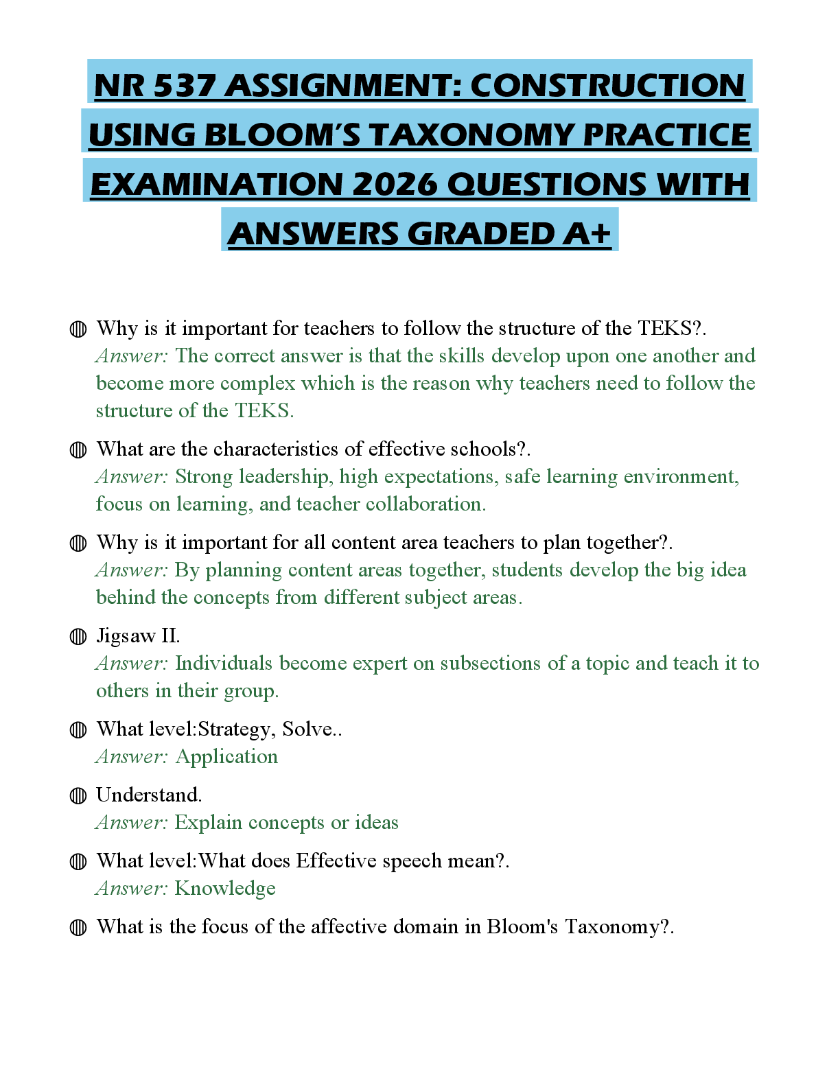 Preview of NR 537 ASSIGNMENT: CONSTRUCTION USING BLOOM’S TAXONOMY PRACTICE EXAMINATION 2026 QUESTIONS
