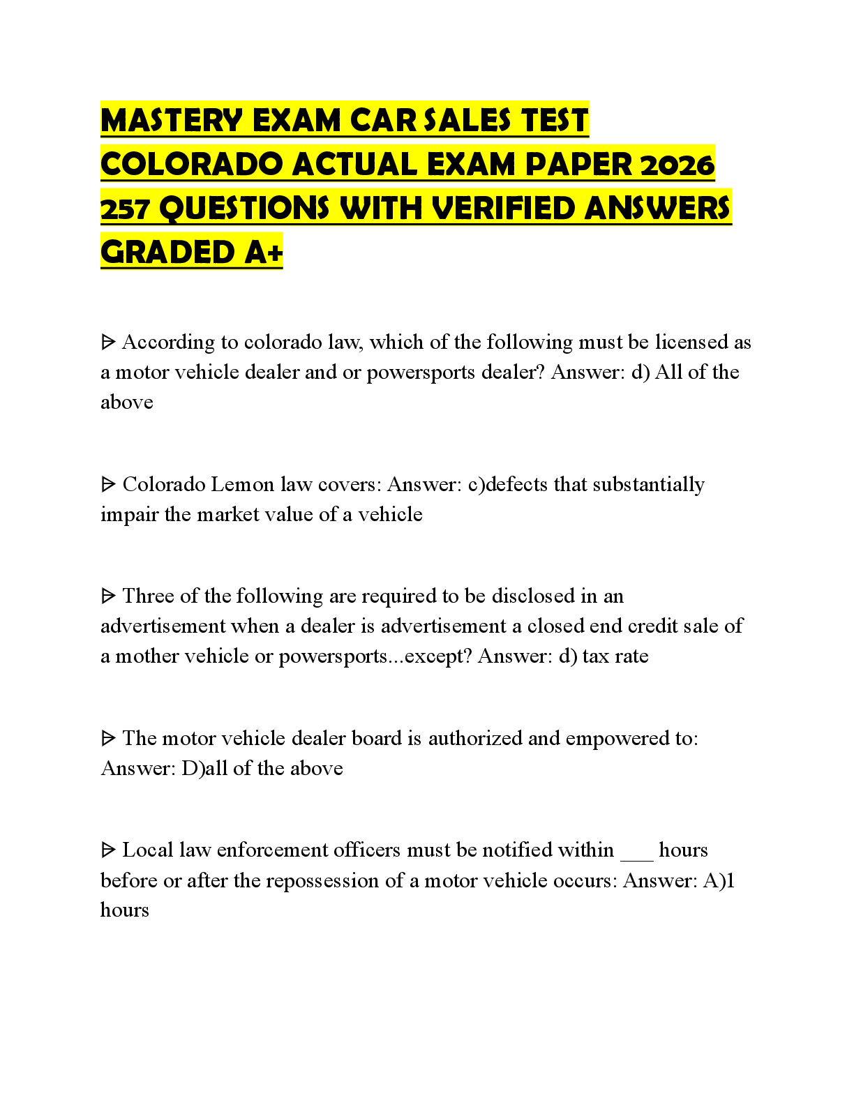 Preview of MASTERY EXAM CAR SALES TEST COLORADO ACTUAL EXAM PAPER 2026 257 QUESTIONS WITH VERIFIED AN