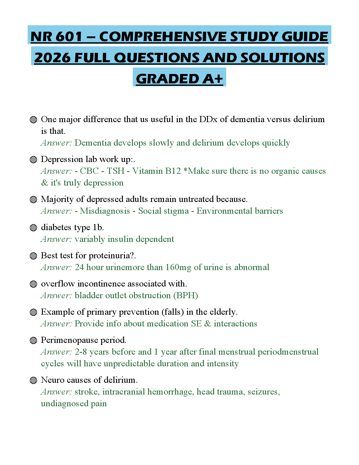 Recommended document preview for NR 601 – COMPREHENSIVE STUDY GUIDE 2026 FULL QUESTIONS AND SOLUTIONS GRADED A+