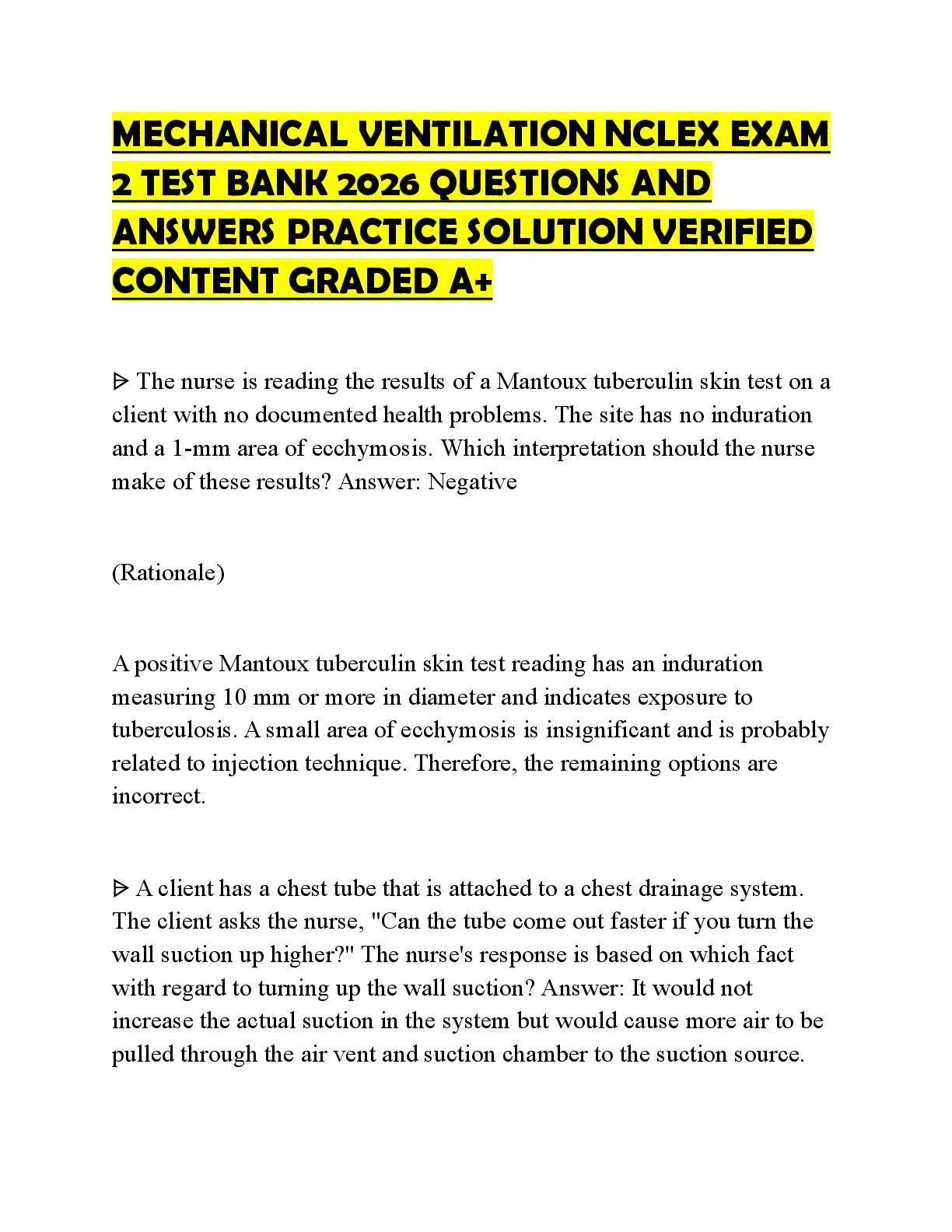 Recommended document preview for MECHANICAL VENTILATION NCLEX EXAM 2 TEST BANK 2026 QUESTIONS AND ANSWERS PRACTICE SOLUTION VERIFIED CONTENT GRADED A+