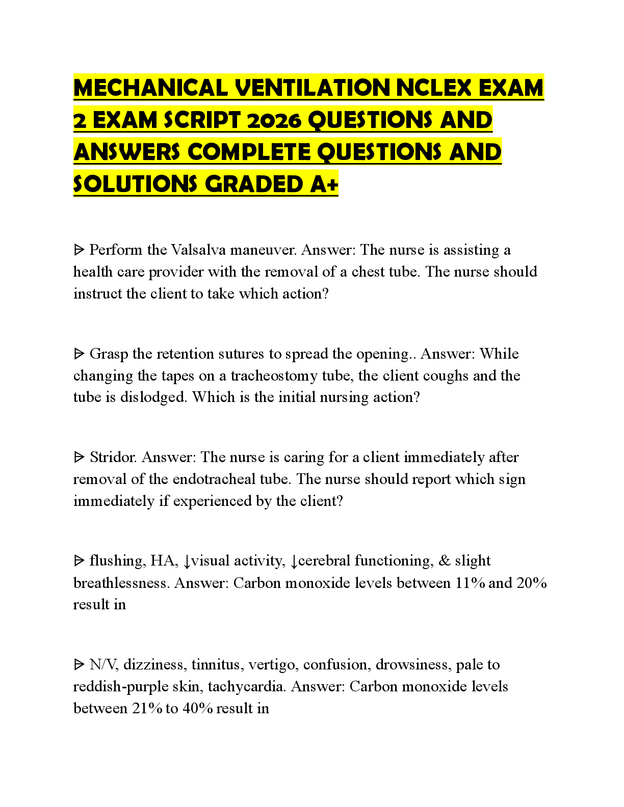 Recommended document preview for MECHANICAL VENTILATION NCLEX EXAM 2 EXAMINATION TEST 2026 QUESTIONS AND ANSWERS FULL SOLUTION VERIFIED ANSWERS GRADED A+