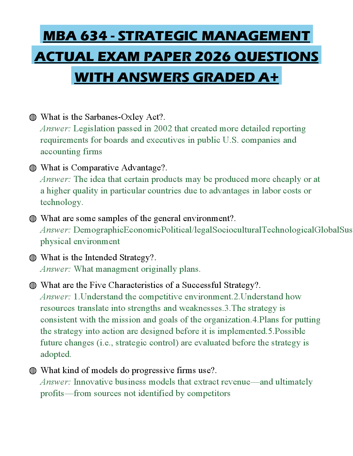 Preview of MBA 634 - STRATEGIC MANAGEMENT ACTUAL EXAM PAPER 2026 QUESTIONS WITH ANSWERS GRADED A+