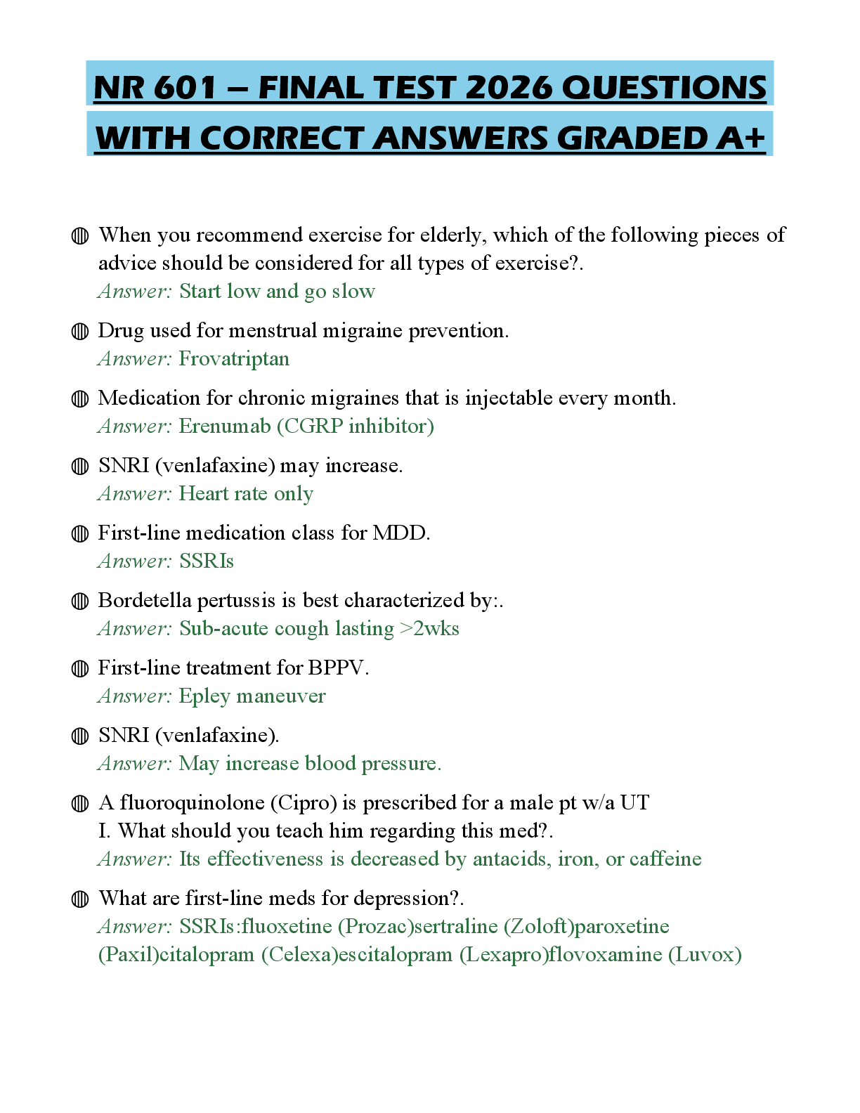 Recommended document preview for NR 601 – FINAL TEST 2026 QUESTIONS WITH CORRECT ANSWERS GRADED A+