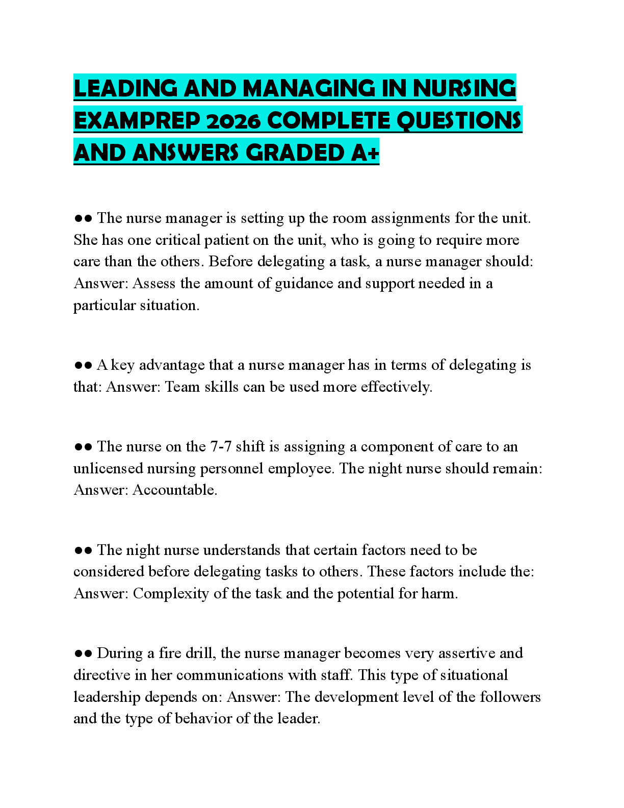 Recommended document preview for LEADING AND MANAGING IN NURSING EXAMPREP 2026 COMPLETE QUESTIONS AND ANSWERS GRADED A+