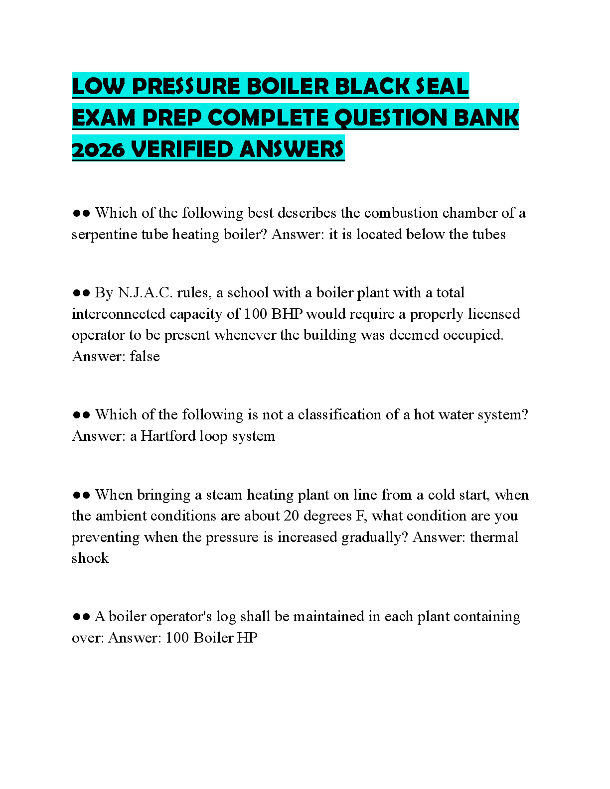 Preview of LOW PRESSURE BOILER BLACK SEAL EXAM REVIEW GUIDE 2026 COMPLETE PRACTICE QUESTIONS AND ANSW