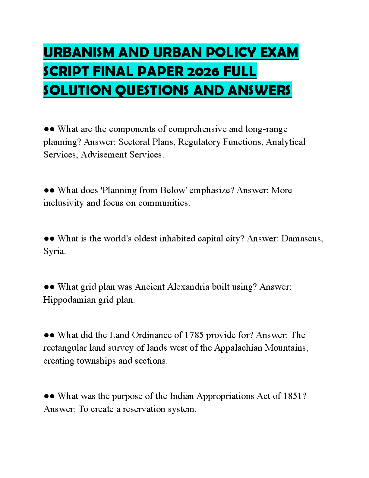 Recommended document preview for URBANISM AND URBAN POLICY EXAM SCRIPT FINAL PAPER 2026 FULL SOLUTION QUESTIONS AND ANSWERS