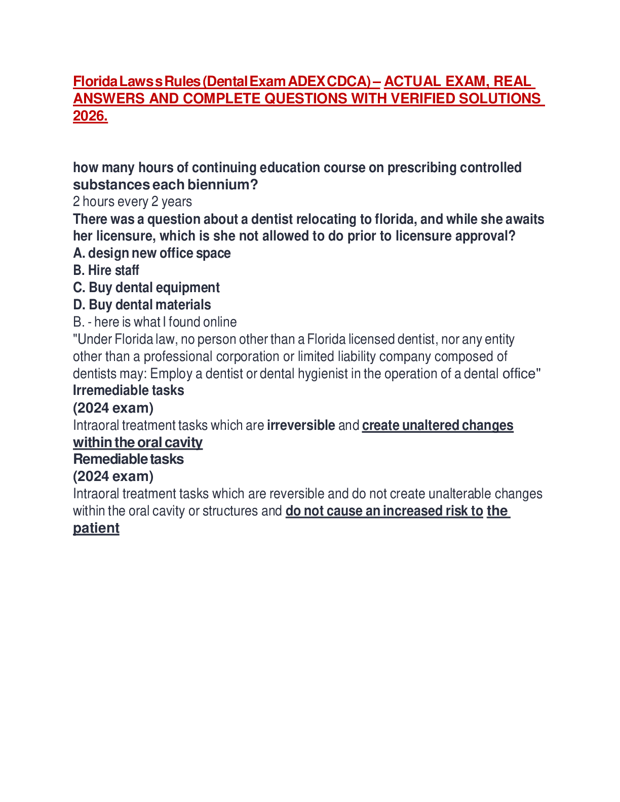Preview of Florida Laws s Rules (Dental Exam ADEX CDCA) – ACTUAL EXAM, REAL ANSWERS AND COMPLETE QUES