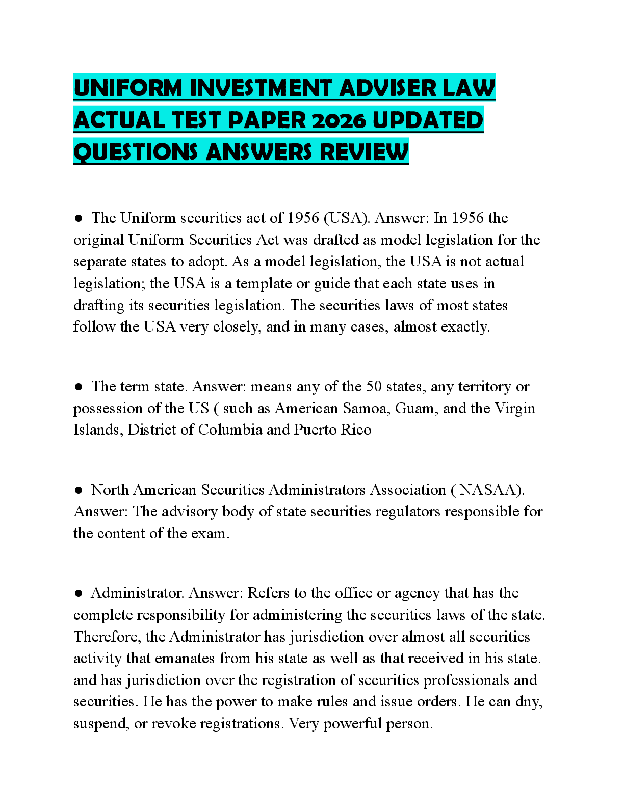 Preview of UNIFORM INVESTMENT ADVISER LAW ACTUAL TEST PAPER 2026 UPDATED QUESTIONS ANSWERS REVIEW