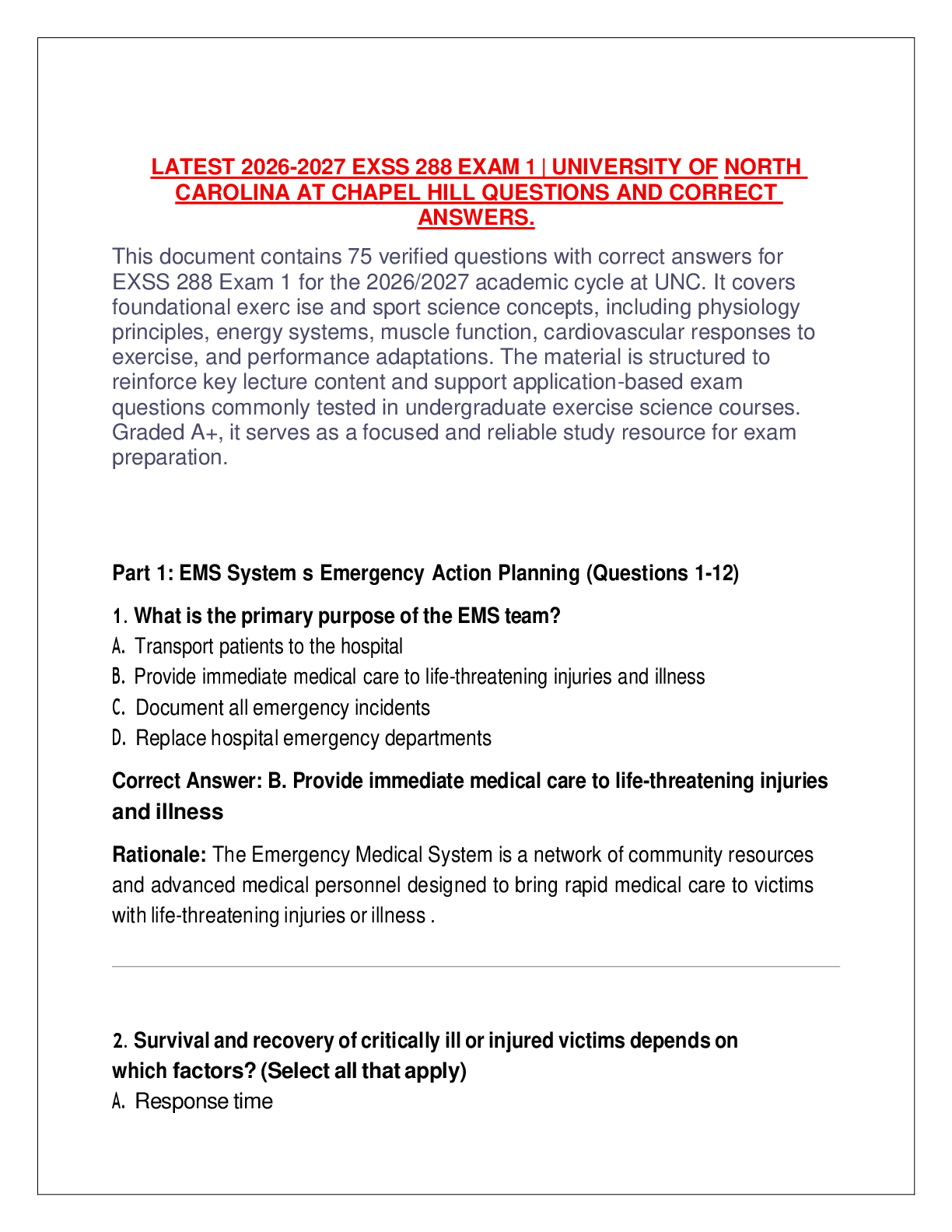 Recommended document preview for LATEST 2026-2027 EXSS 288 EXAM 1 | UNIVERSITY OF NORTH CAROLINA AT CHAPEL HILL QUESTIONS AND CORRECT ANSWERS.