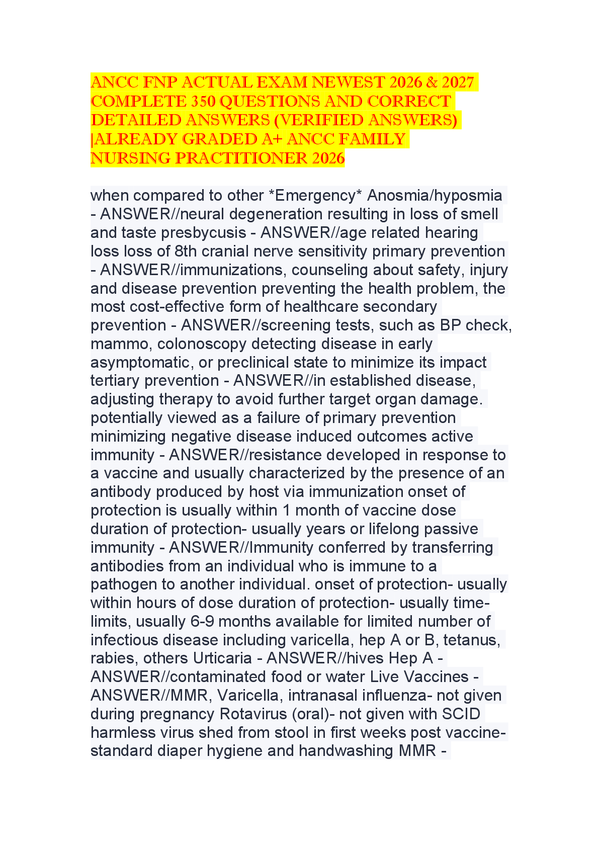 Preview of ANCC FNP Actual Exam: Newest 2026-2027 Complete 350 Questions with Answers