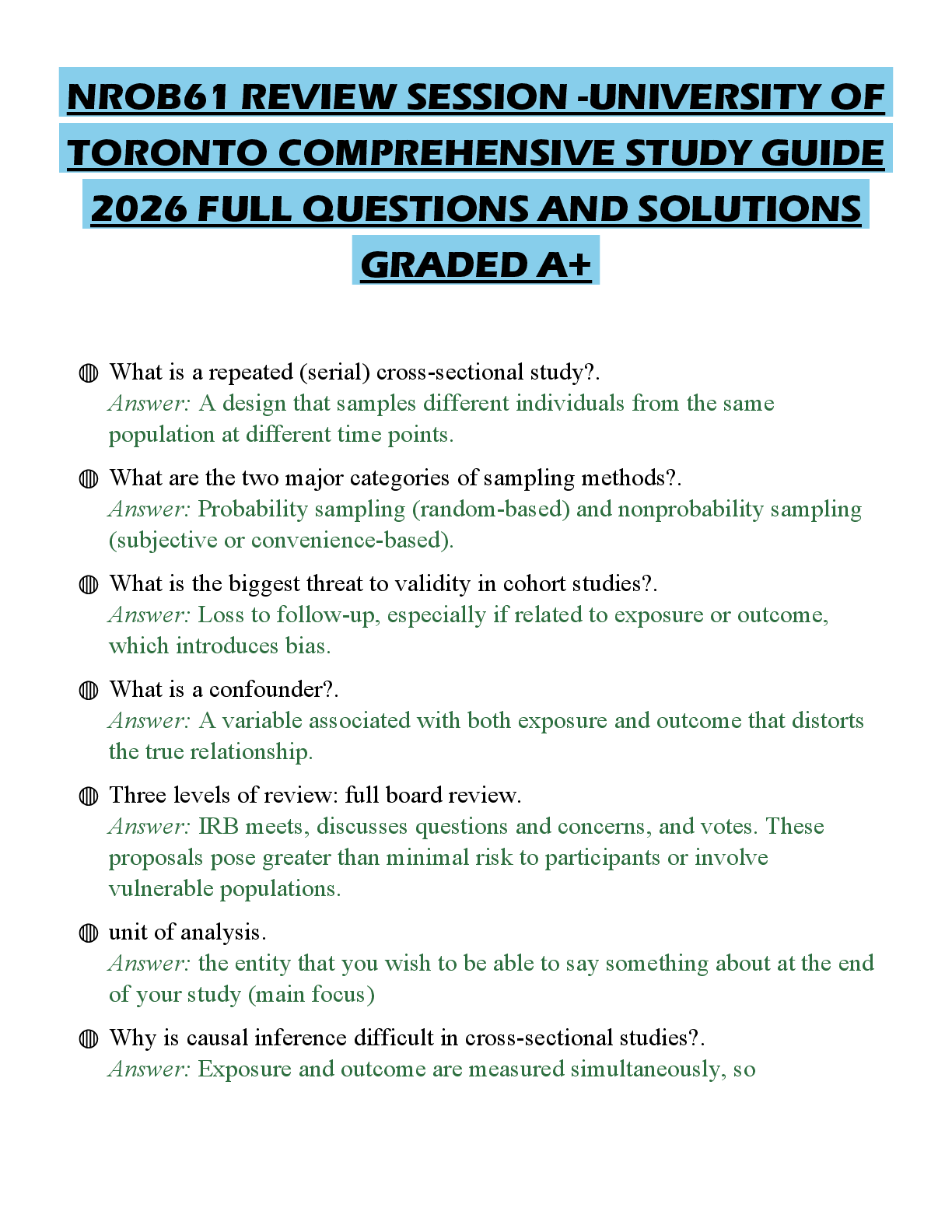 Recommended document preview for NROB61 REVIEW SESSION -UNIVERSITY OF TORONTO COMPREHENSIVE STUDY GUIDE 2026 FULL QUESTIONS AN