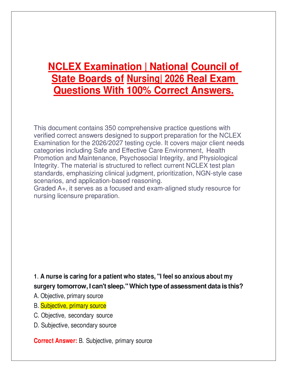 Recommended document preview for NCLEX Examination | National Council of State Boards of Nursing| 2026 Real Exam Questions With 100% Correct Answers.