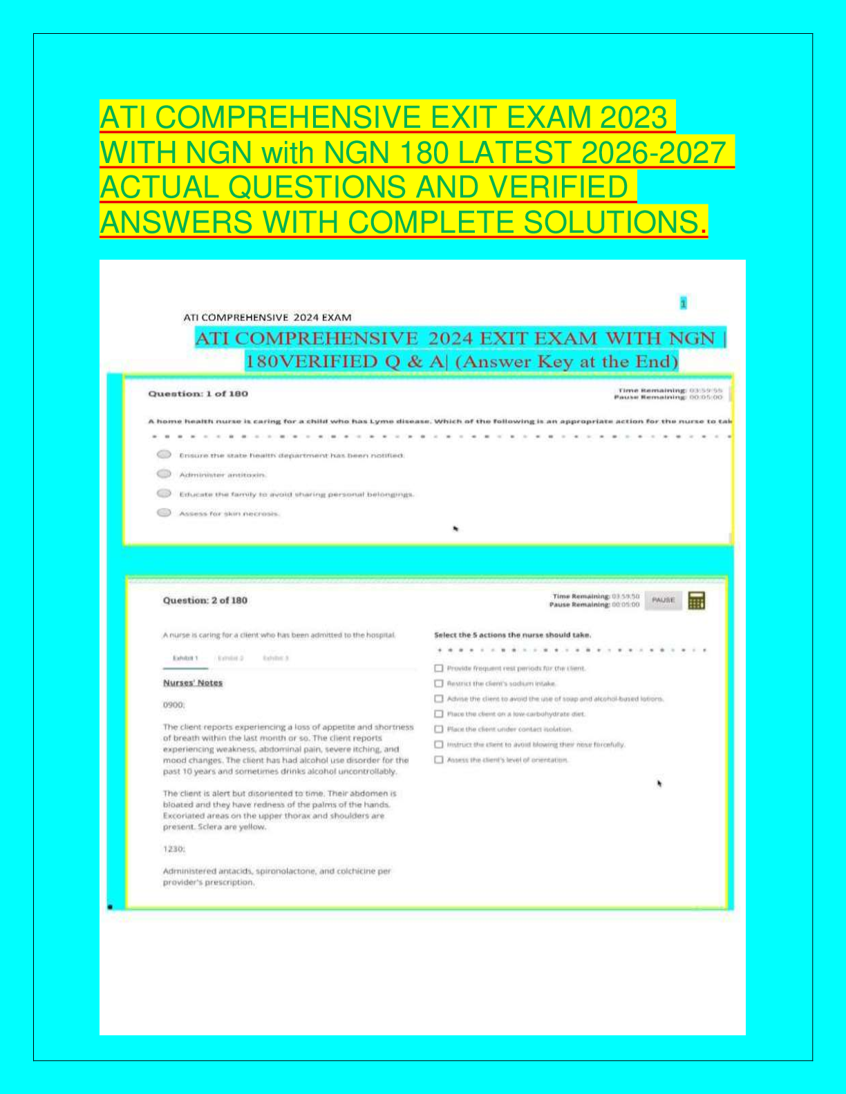 Recommended document preview for ATI COMPREHENSIVE EXIT EXAM 2023 WITH NGN with NGN 180 LATEST 2026-2027 ACTUAL QUESTIONS AND VERIFIED ANSWERS WITH COMPLETE SOLUTIONS.