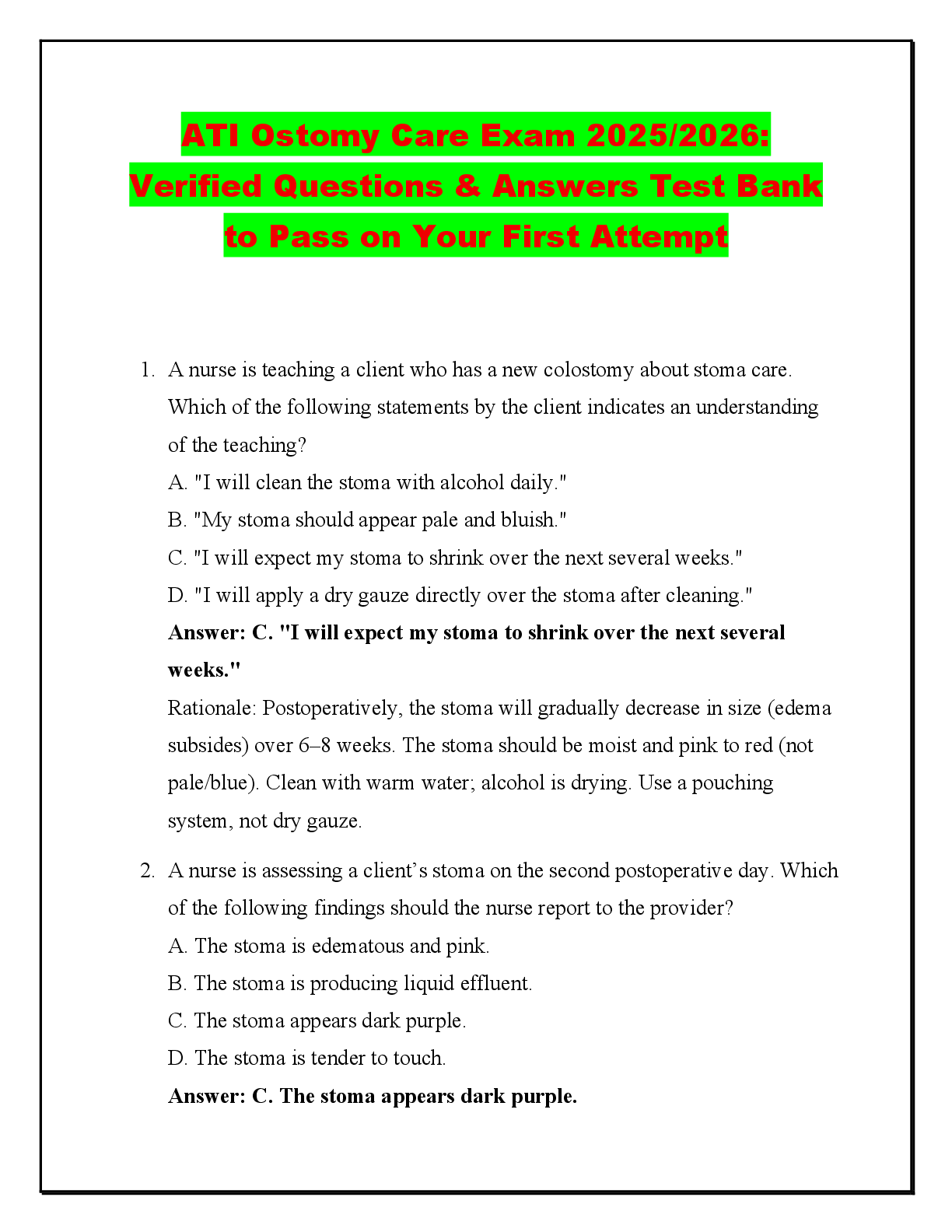 Recommended document preview for Ostomy Care Exam 2025/2026:  Verified Questions & Answers Test Bank  to Pass on Your First Attempt
