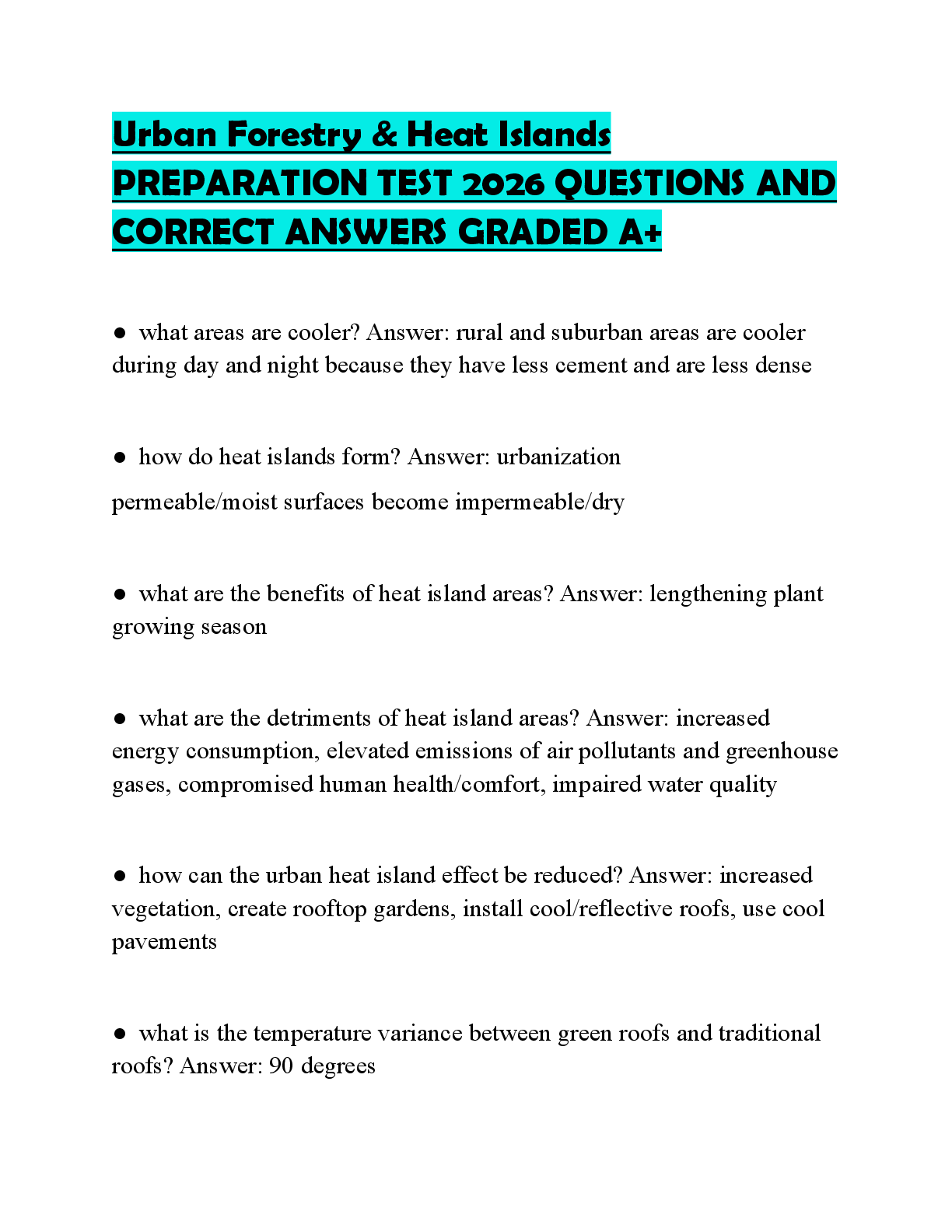 Recommended document preview for Urban Forestry & Heat Islands PREPARATION TEST 2026 QUESTIONS AND CORRECT ANSWERS GRADED A+