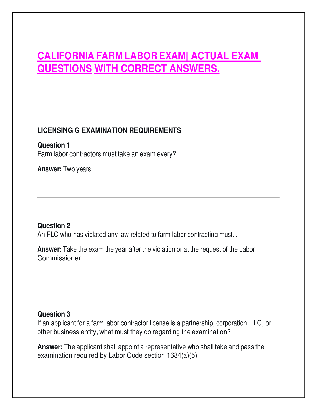 CALIFORNIA FARM LABOR EXAM| ACTUAL EXAM QUESTIONS WITH CORRECT ANSWERS.