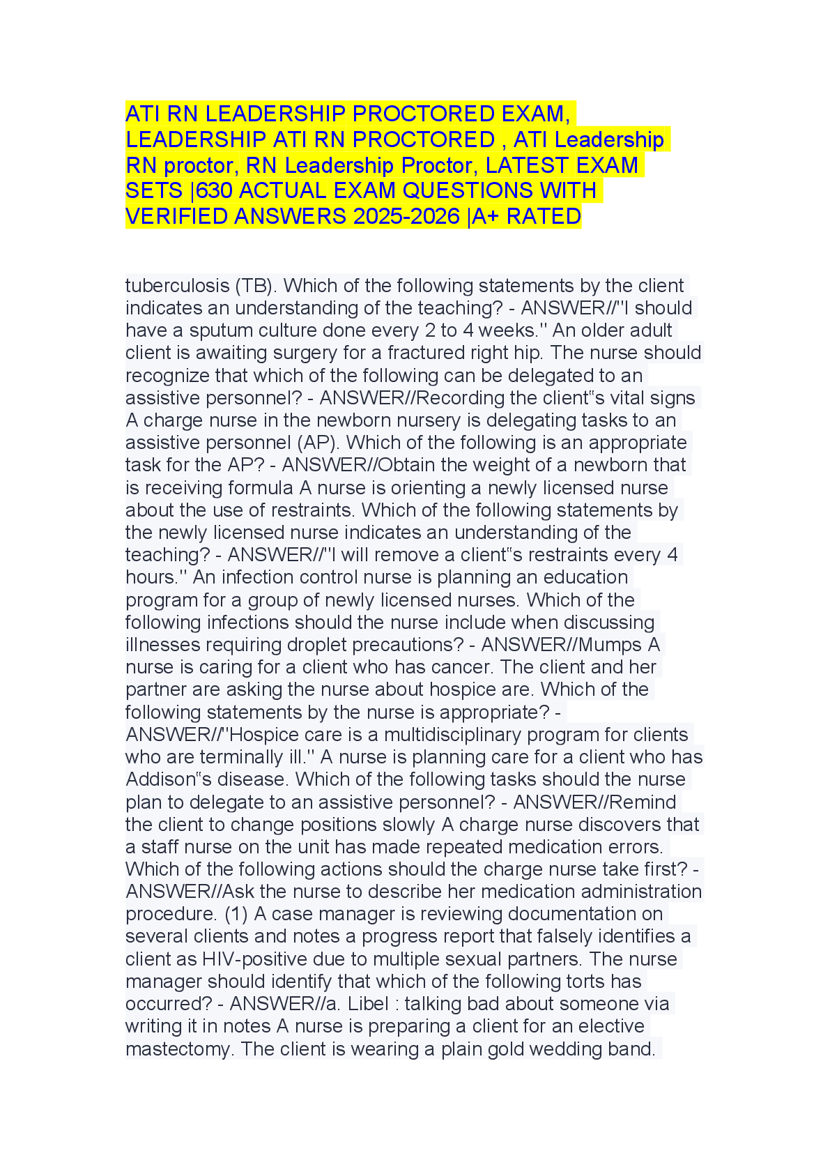 Preview of ATI RN Leadership Proctored Exam: Study Guide & Practice Questions