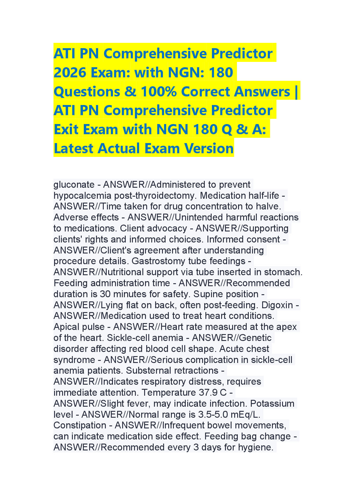 Preview of ATI PN Comprehensive Predictor 2026 Exam with NGN: 180 Questions & Answers