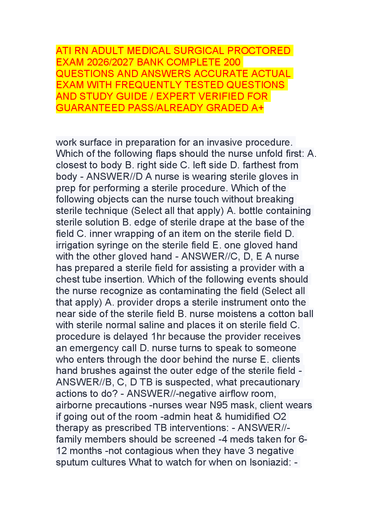 Recommended document preview for ATI RN Adult Medical Surgical Proctored Exam 2026/2027: Question Bank & Study Guide