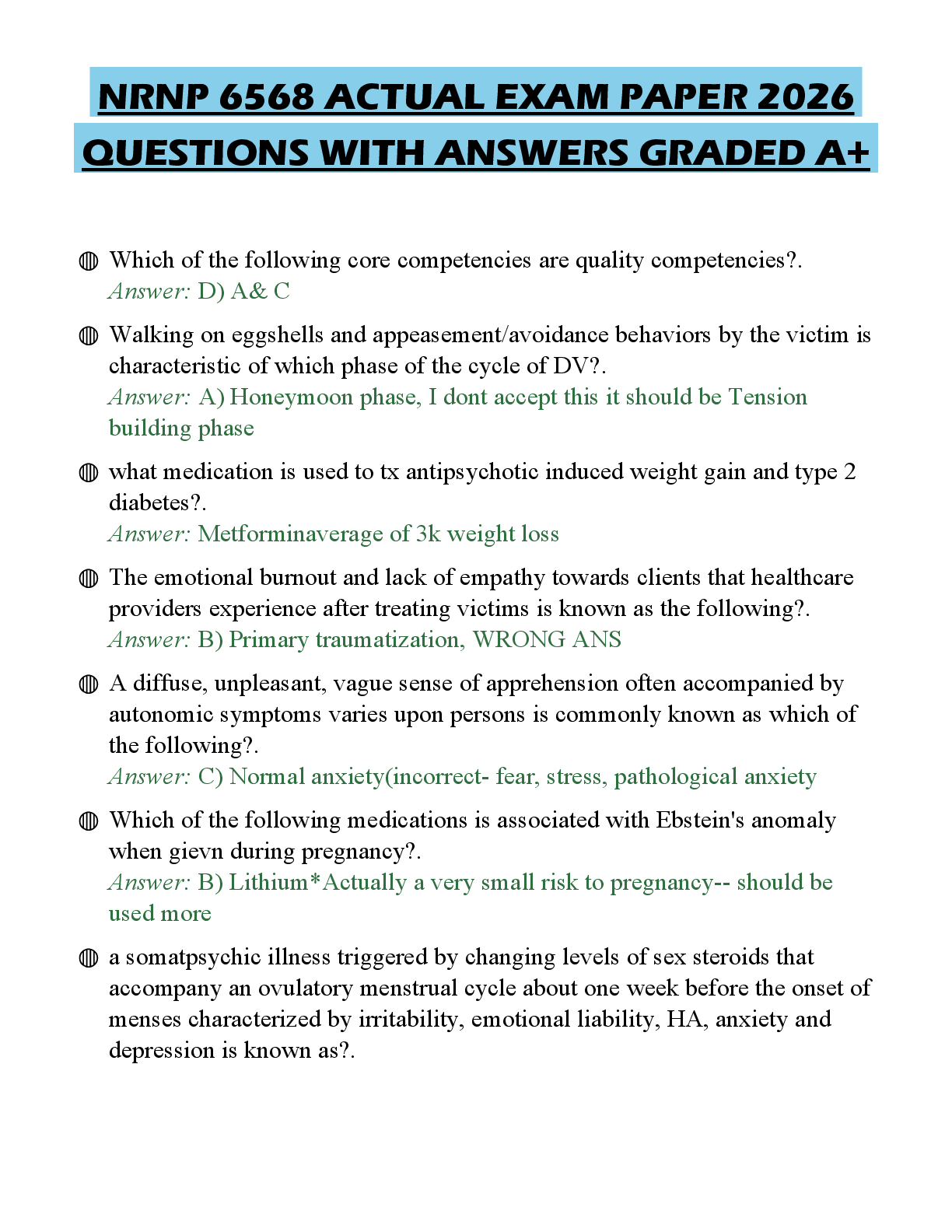 Preview of NRNP 6568 ACTUAL EXAM PAPER 2026 QUESTIONS WITH ANSWERS GRADED A+