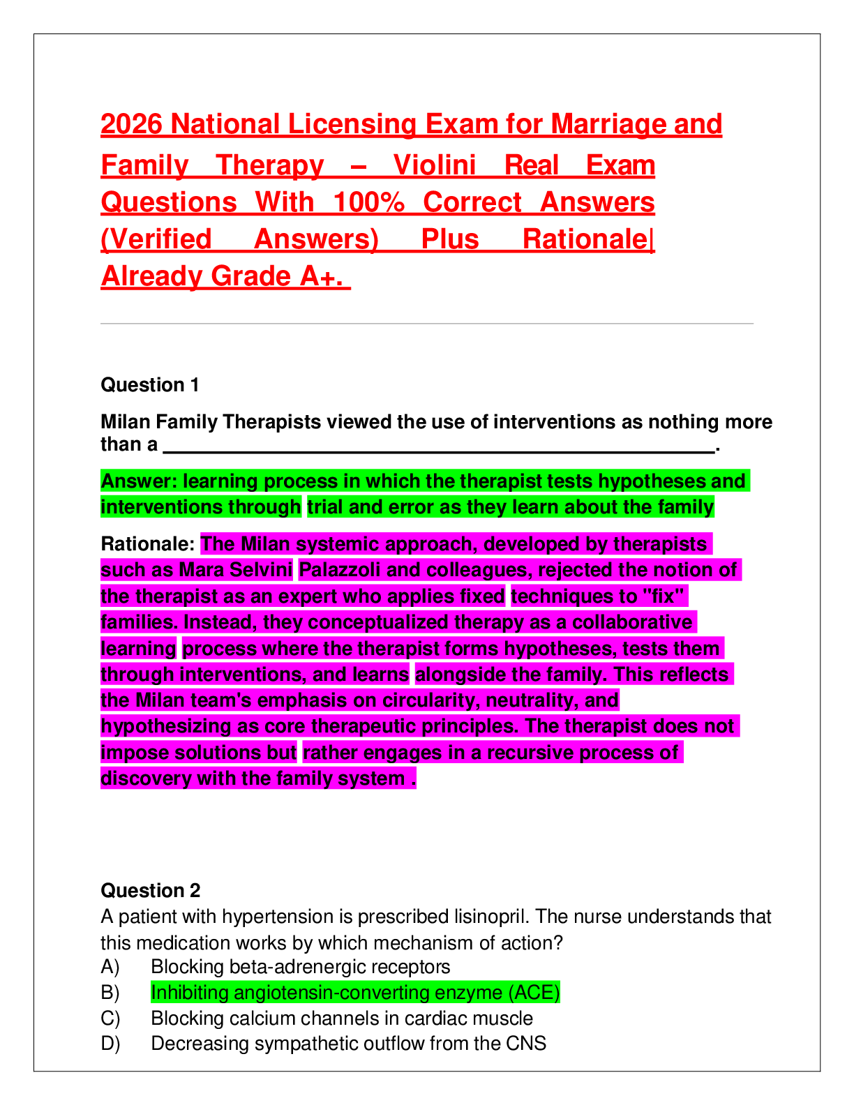 Recommended document preview for 2026 National Licensing Exam for Marriage and Family Therapy – Violini Real Exam Questions With 100% Correct Answers (Verified Answers) Plus Rationale| Already Grade A+.