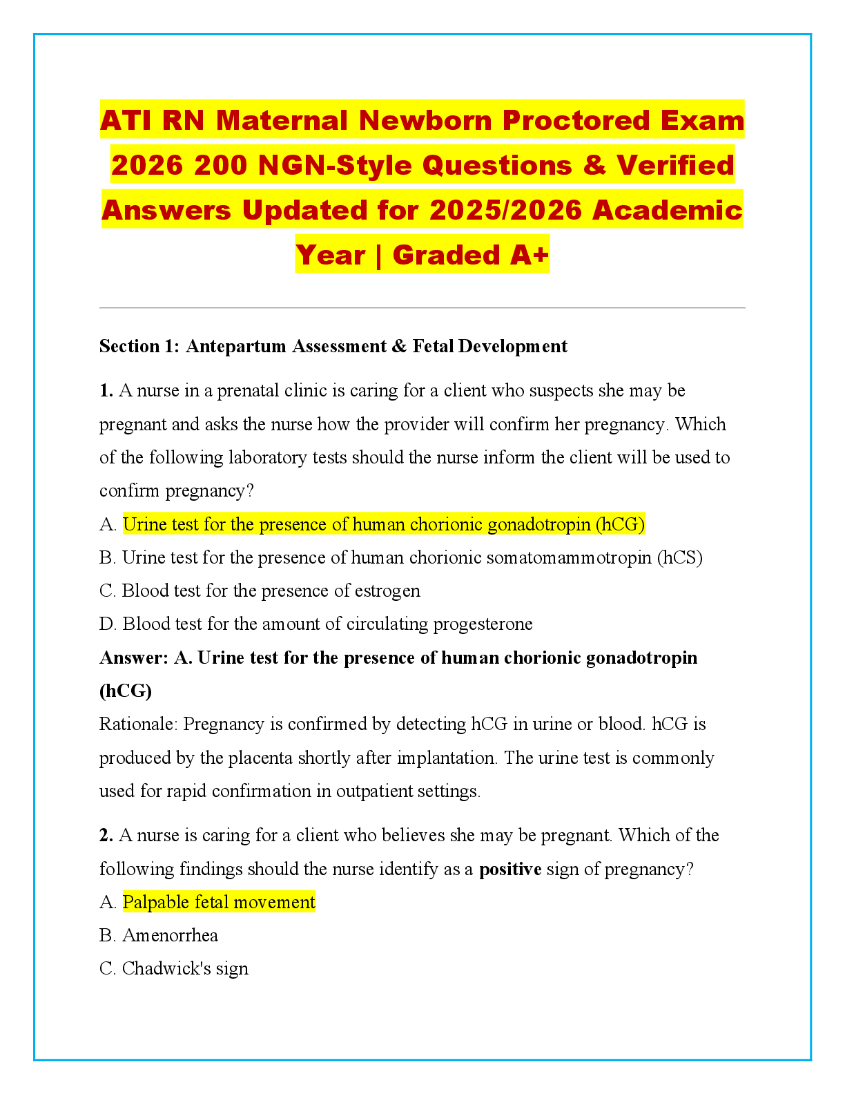 Preview of RN Maternal Newborn Proctored Exam  2026 200 NGN-Style Questions & Verified  Answers Updat