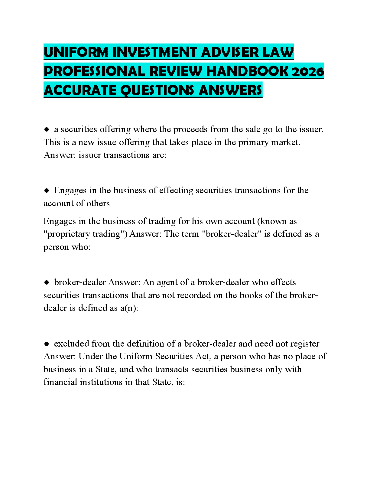 Preview of UNIFORM INVESTMENT ADVISER LAW PROFESSIONAL REVIEW HANDBOOK 2026 ACCURATE QUESTIONS ANSWER