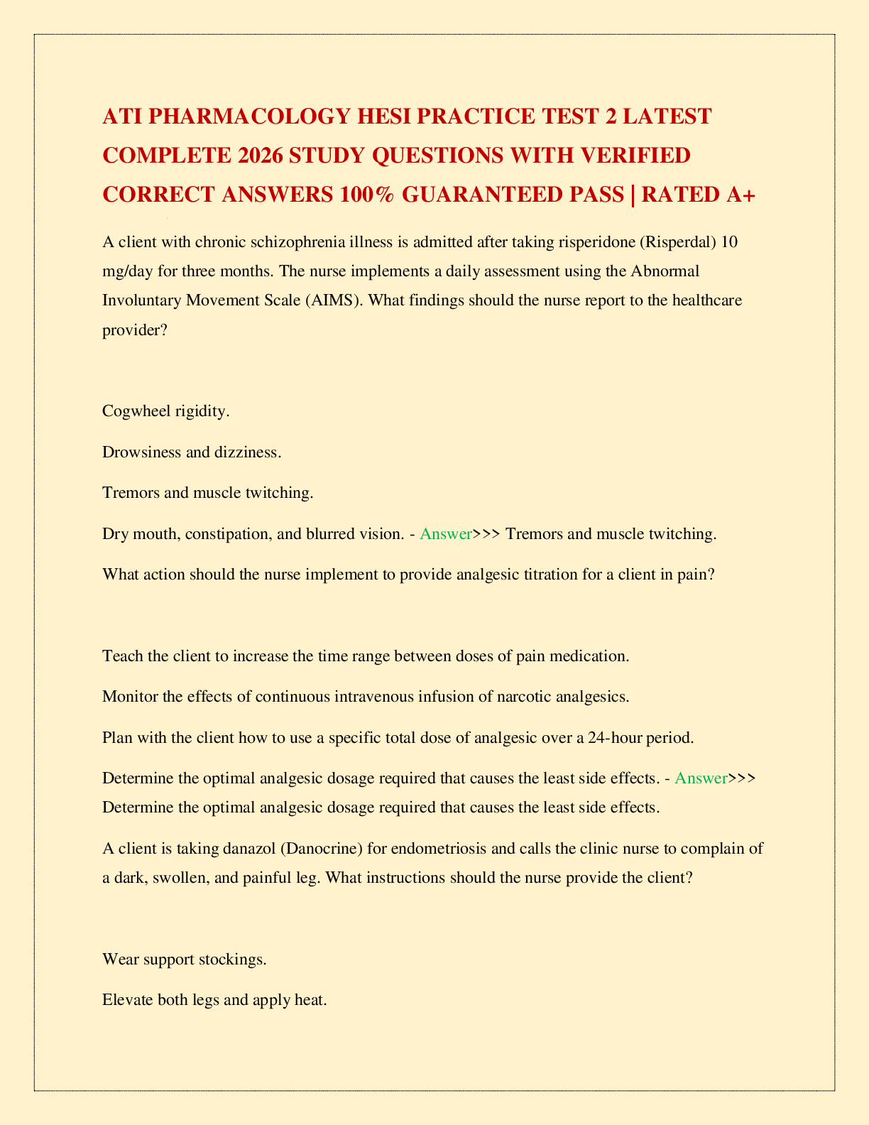 Recommended document preview for ATI PHARMACOLOGY HESI PRACTICE TEST 2 LATEST COMPLETE 2026 STUDY QUESTIONS WITH VERIFIED CORRECT ANSWERS 100% GUARANTEED PASS | RATED A+