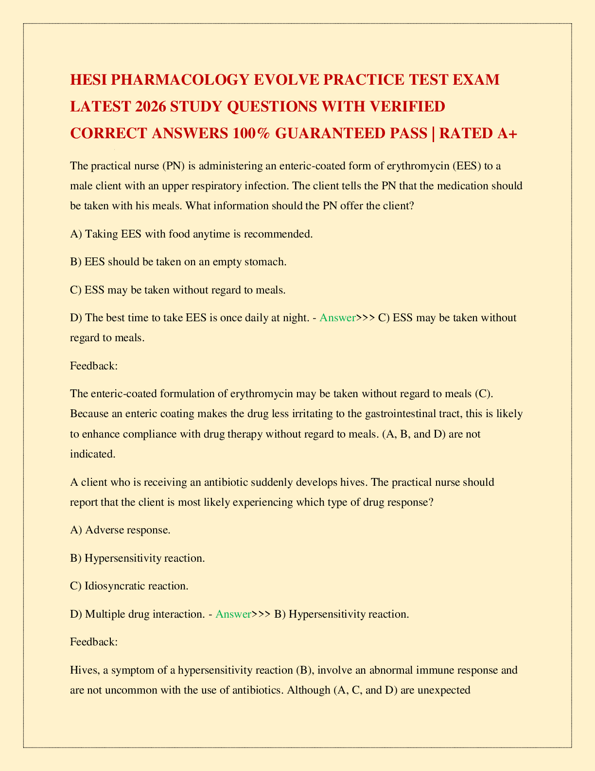 Recommended document preview for HESI PHARMACOLOGY EVOLVE PRACTICE TEST EXAM LATEST 2026 STUDY QUESTIONS WITH VERIFIED CORRECT ANSWERS 100% GUARANTEED PASS | RATED A+