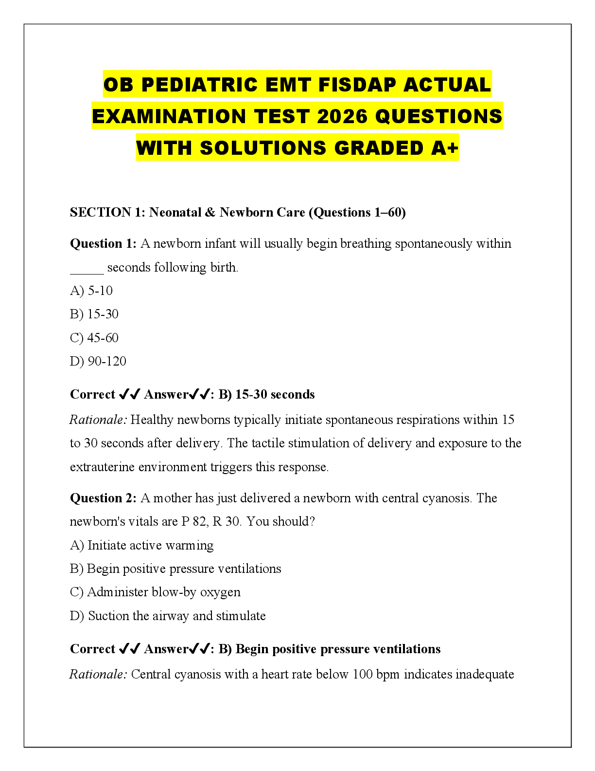 Preview of OB PEDIATRIC EMT FISDAP ACTUAL  EXAMINATION TEST 2026 QUESTIONS  WITH SOLUTIONS GRADED A+
