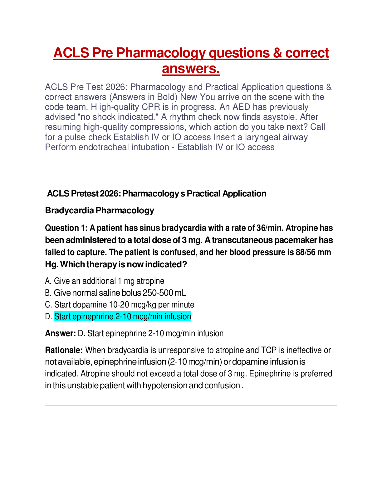 Preview of ACLS Pre Pharmacology questions &amp; correct answers.