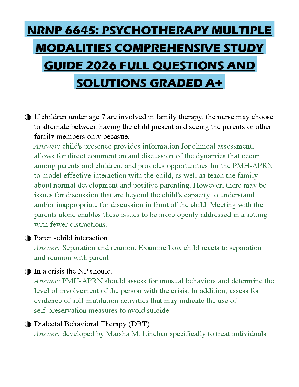 Recommended document preview for NRNP 6645: PSYCHOTHERAPY MULTIPLE MODALITIES COMPREHENSIVE STUDY GUIDE 2026 FULL QUESTIONS AND SOLUTIONS GRADED A+