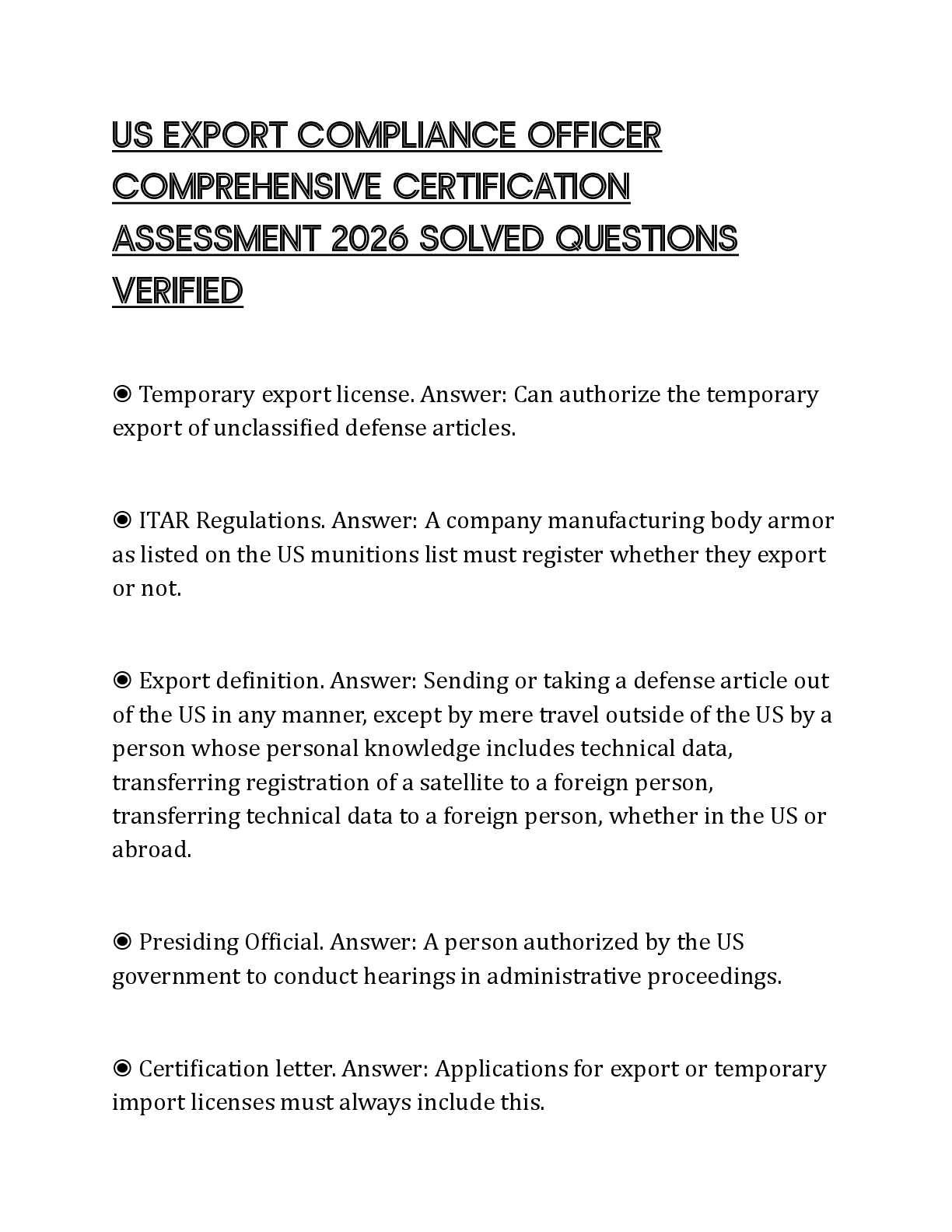 Preview of US EXPORT COMPLIANCE OFFICER COMPREHENSIVE CERTIFICATION ASSESSMENT 2026 SOLVED QUESTIONS