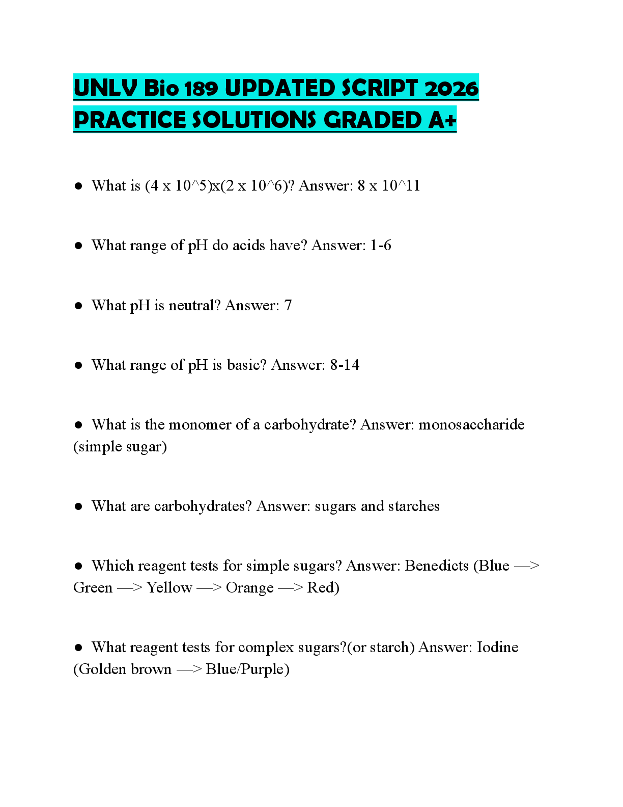 Preview of UNLV Bio 189 UPDATED SCRIPT 2026 PRACTICE SOLUTIONS GRADED A+
