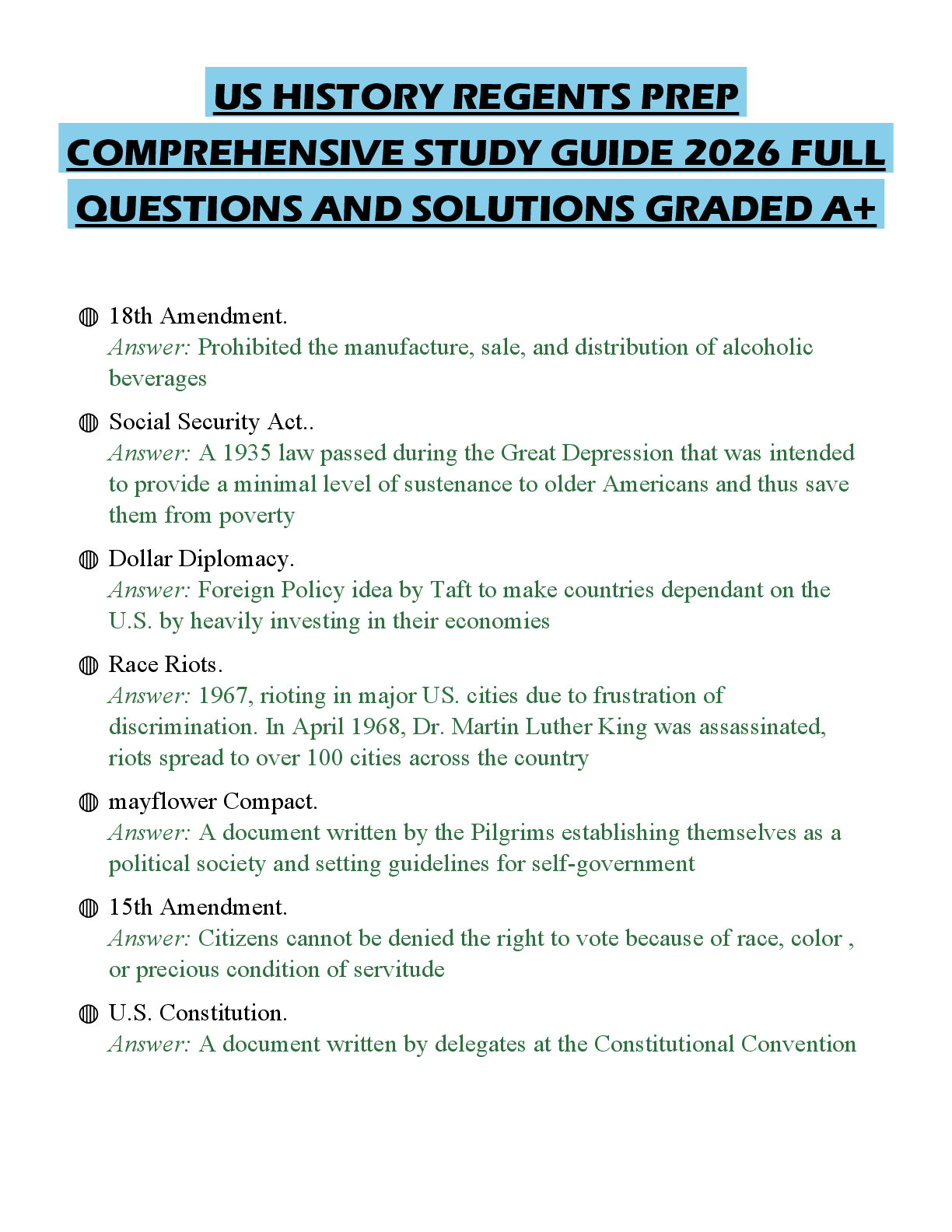 Recommended document preview for US HISTORY REGENTS PREP COMPREHENSIVE STUDY GUIDE 2026 FULL QUESTIONS AND SOLUTIONS GRADED A+
