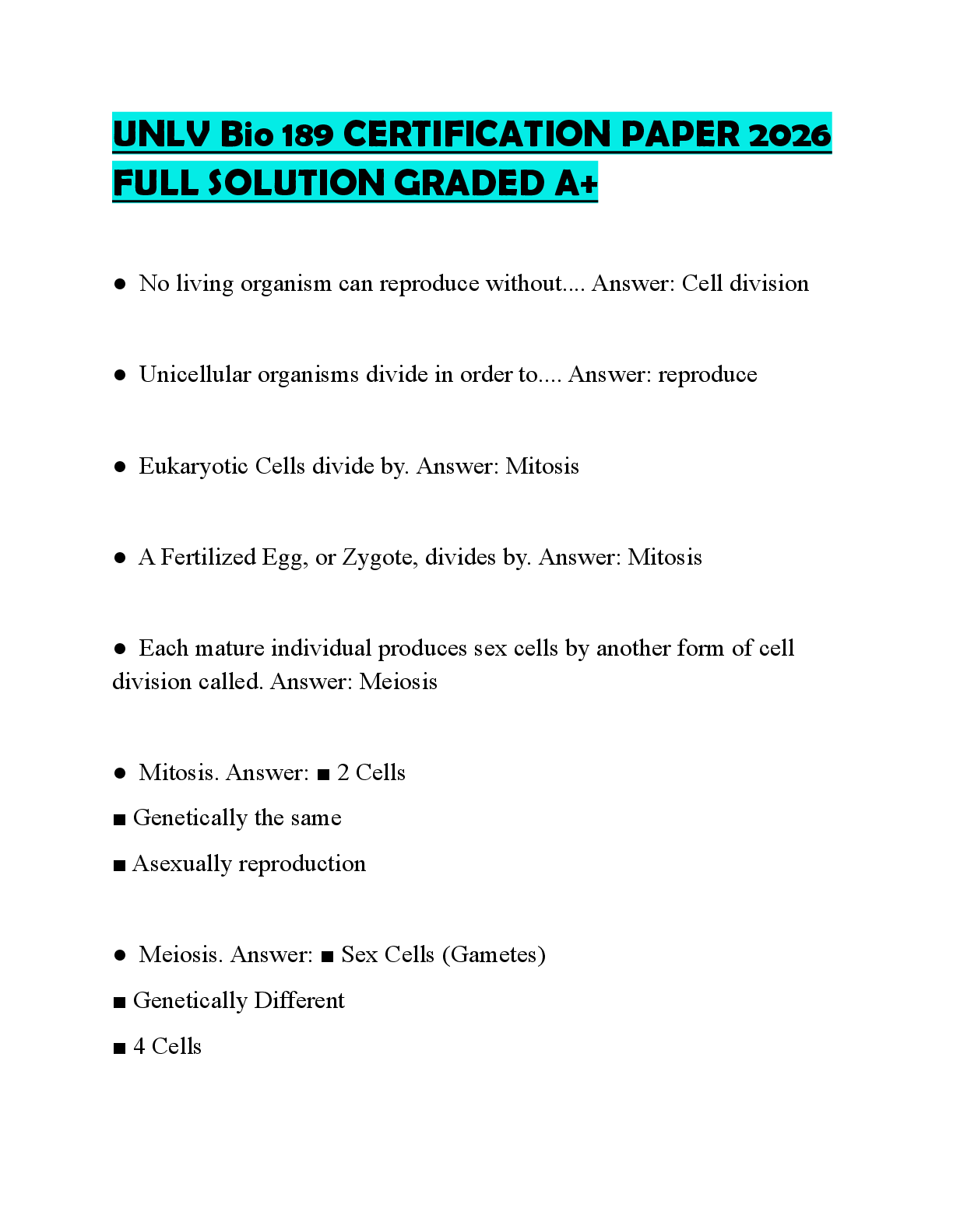 Preview of UNLV Bio 189 CERTIFICATION PAPER 2026 FULL SOLUTION GRADED A+