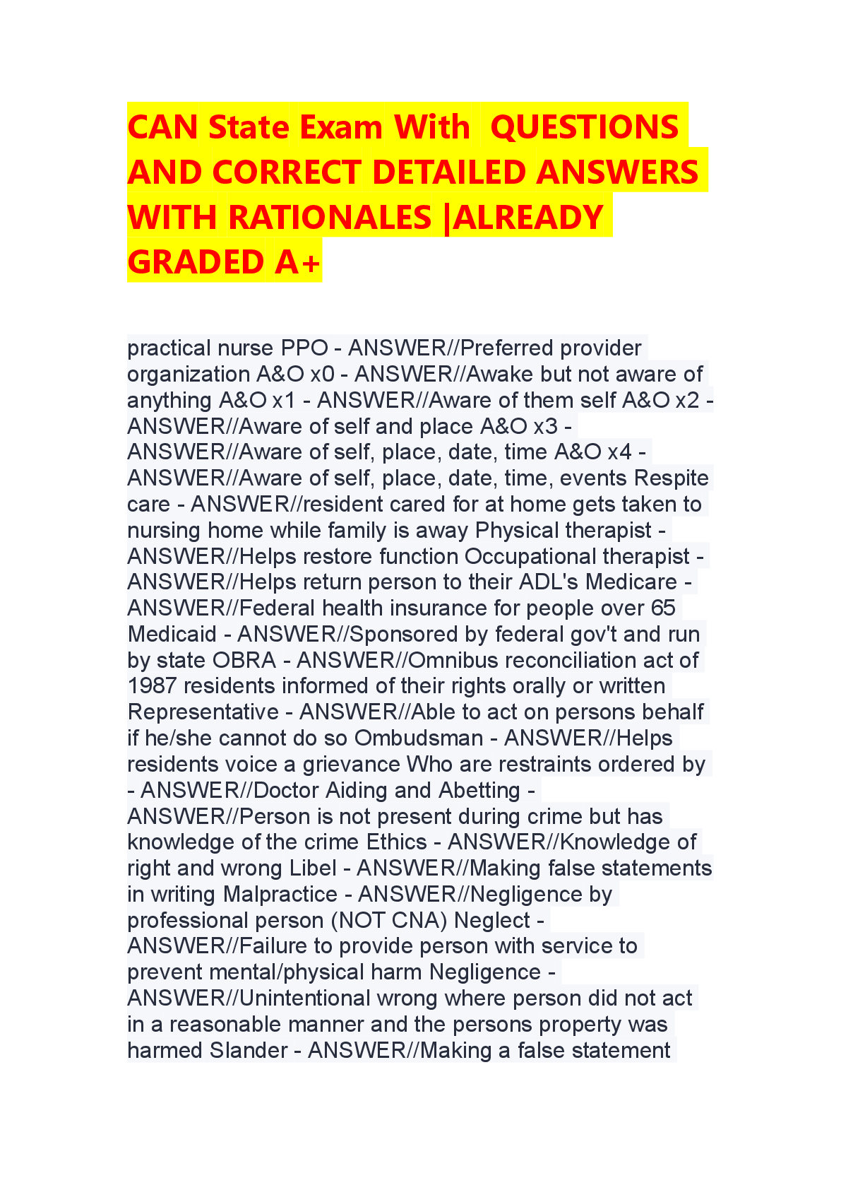 Preview of CAN State Exam: Questions and Correct Detailed Answers with Rationales (CNA Certification)
