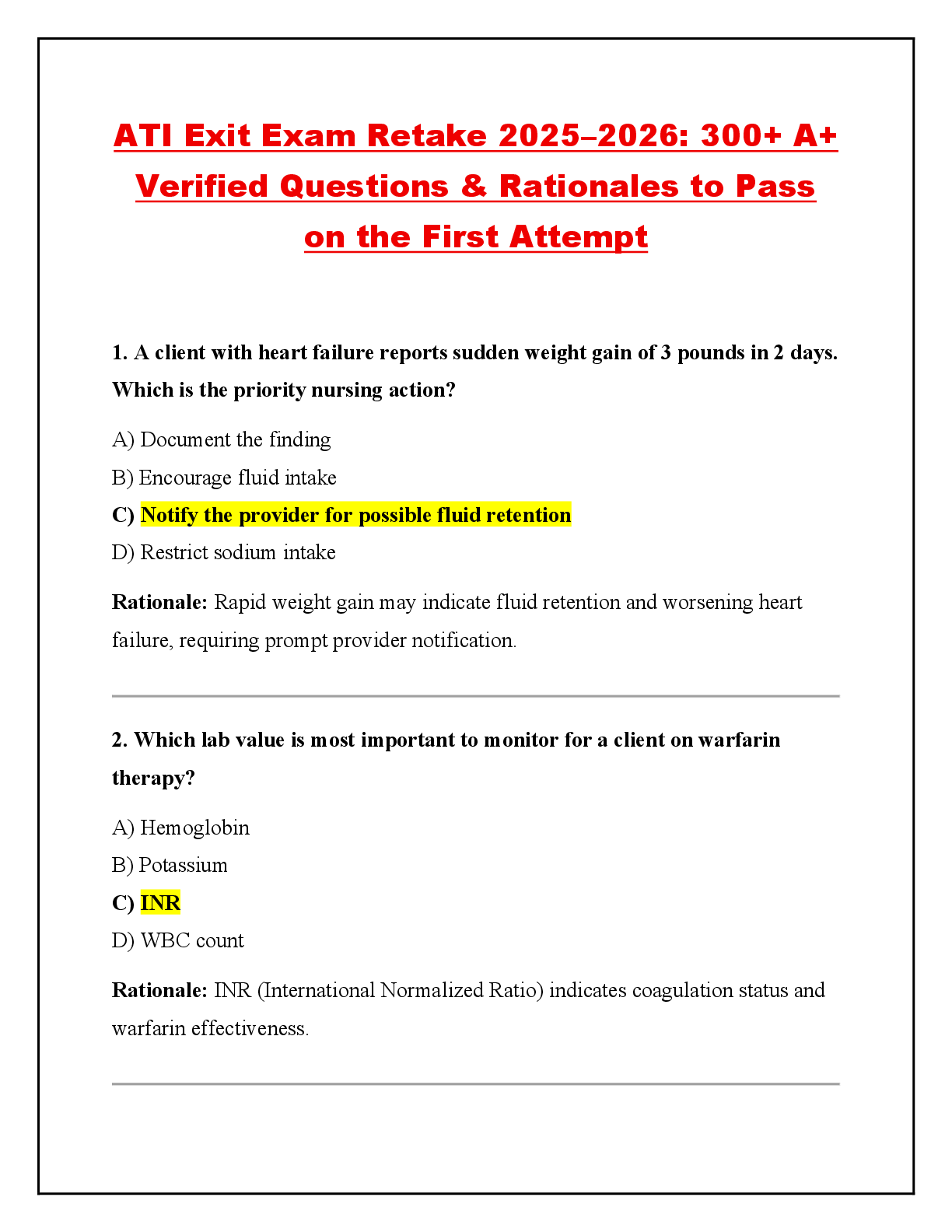 Recommended document preview for Exit Exam Retake 2025–2026: 300+ A+  Verified Questions & Rationales to Pass  on the First Attempt