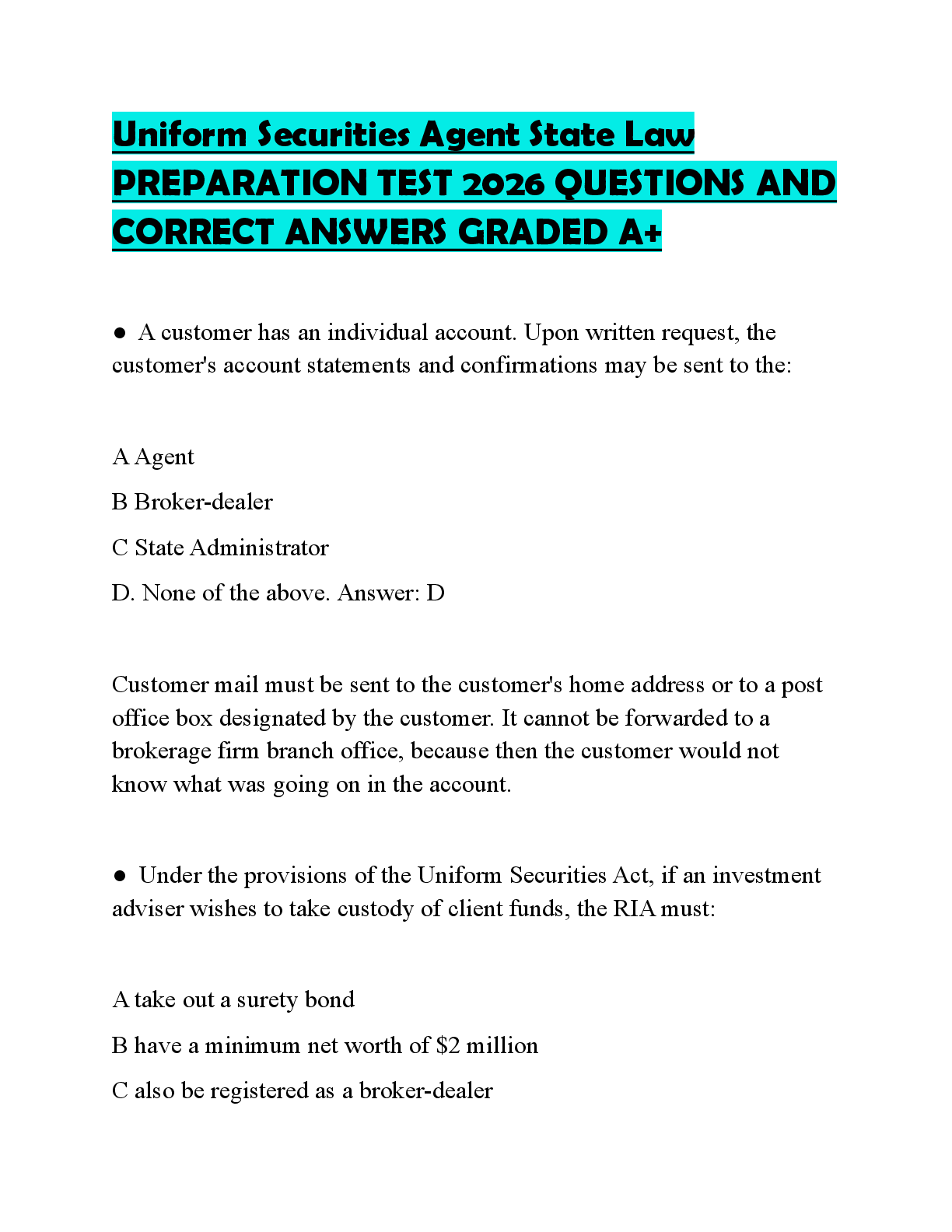 Preview of Uniform Securities Agent State Law PREPARATION TEST 2026 QUESTIONS AND CORRECT ANSWERS GRA