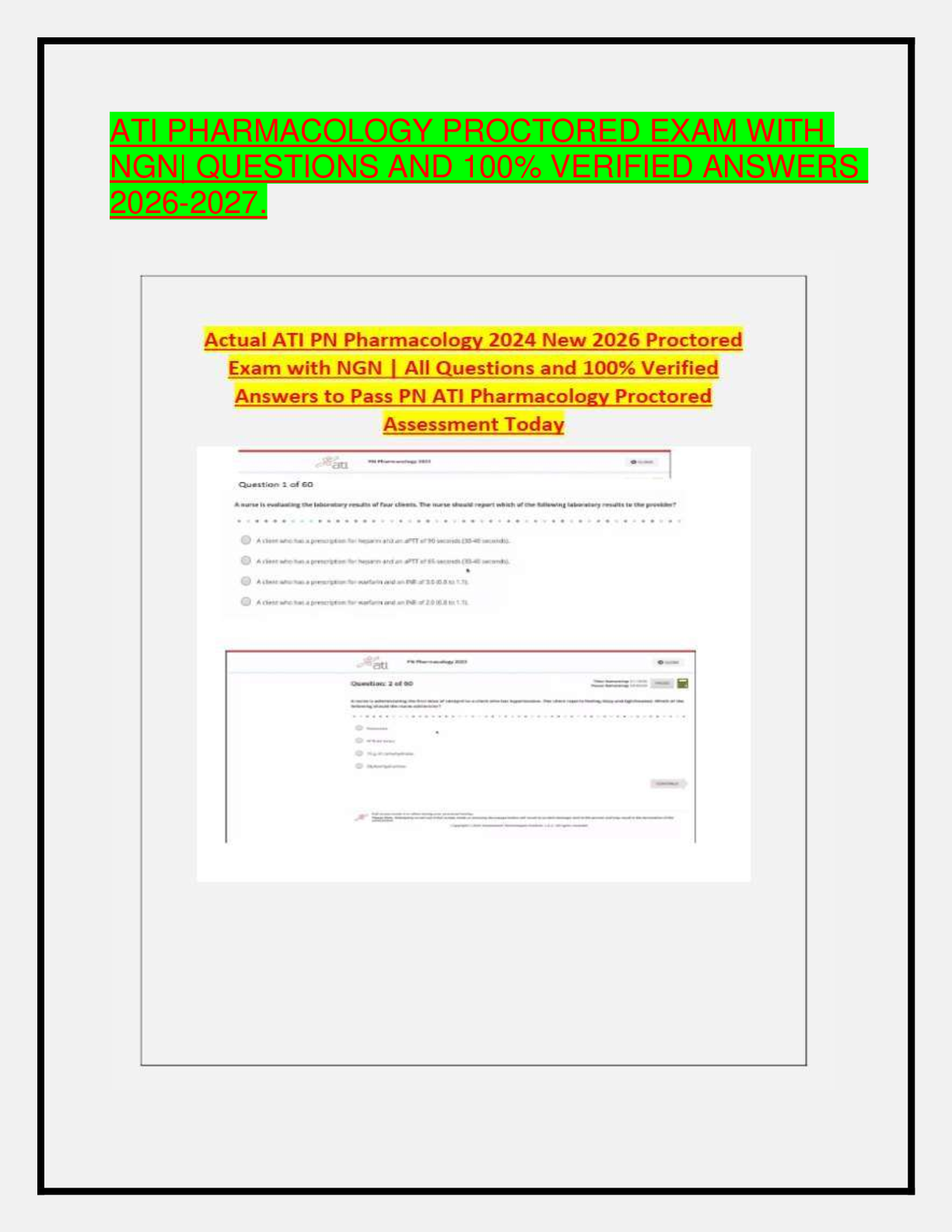 ATI PHARMACOLOGY PROCTORED EXAM WITH NGN| QUESTIONS AND 100% VERIFIED ANSWERS 2026-2027.
