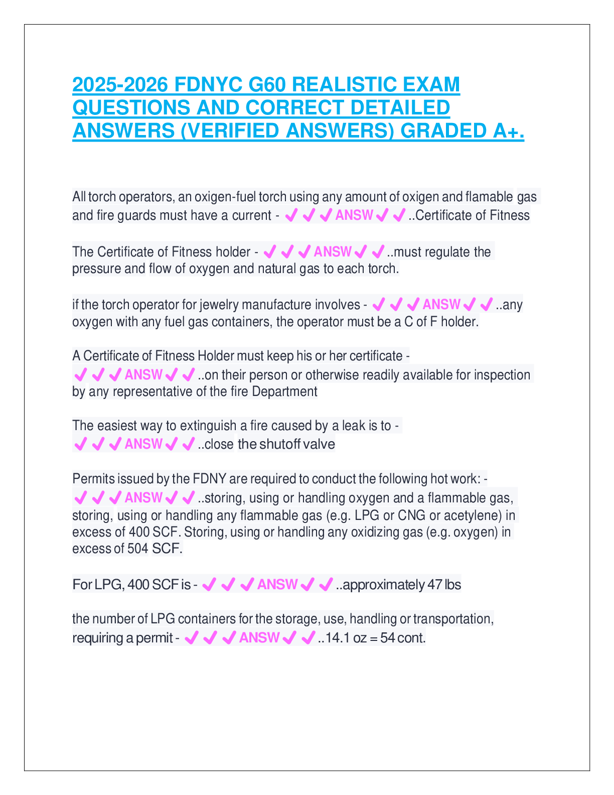 Recommended document preview for 2025-2026 FDNYC G60 REALISTIC EXAM QUESTIONS AND CORRECT DETAILED ANSWERS (VERIFIED ANSWERS) GRADED A+.