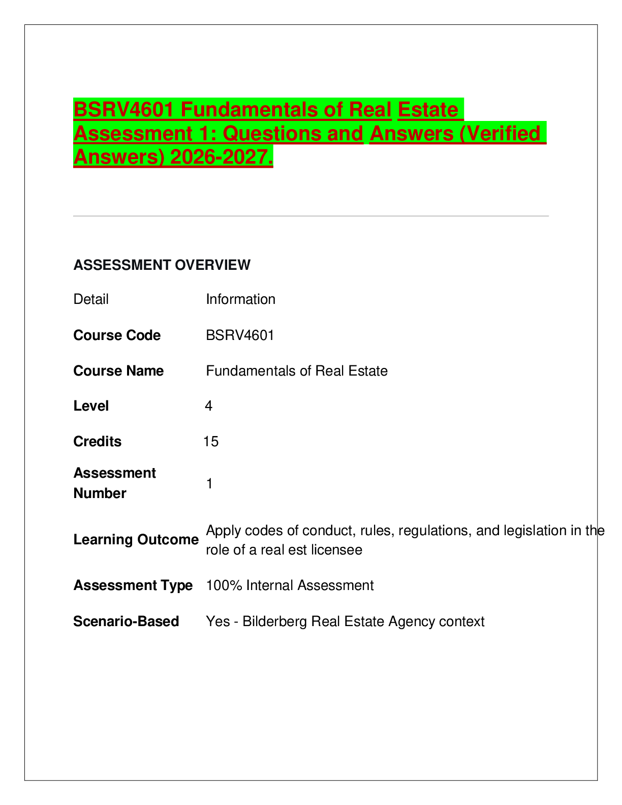 Recommended document preview for BSRV4601 Fundamentals of Real Estate Assessment 1: Questions and Answers (Verified Answers) 2026-2027.